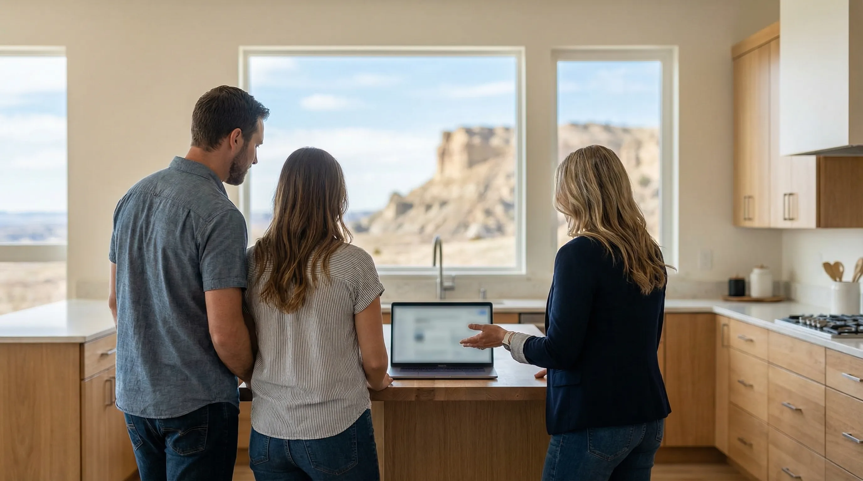 Professional real estate agent reviewing listings with clients in Billings, MT, with the Rimrock cliffs visible through the office window