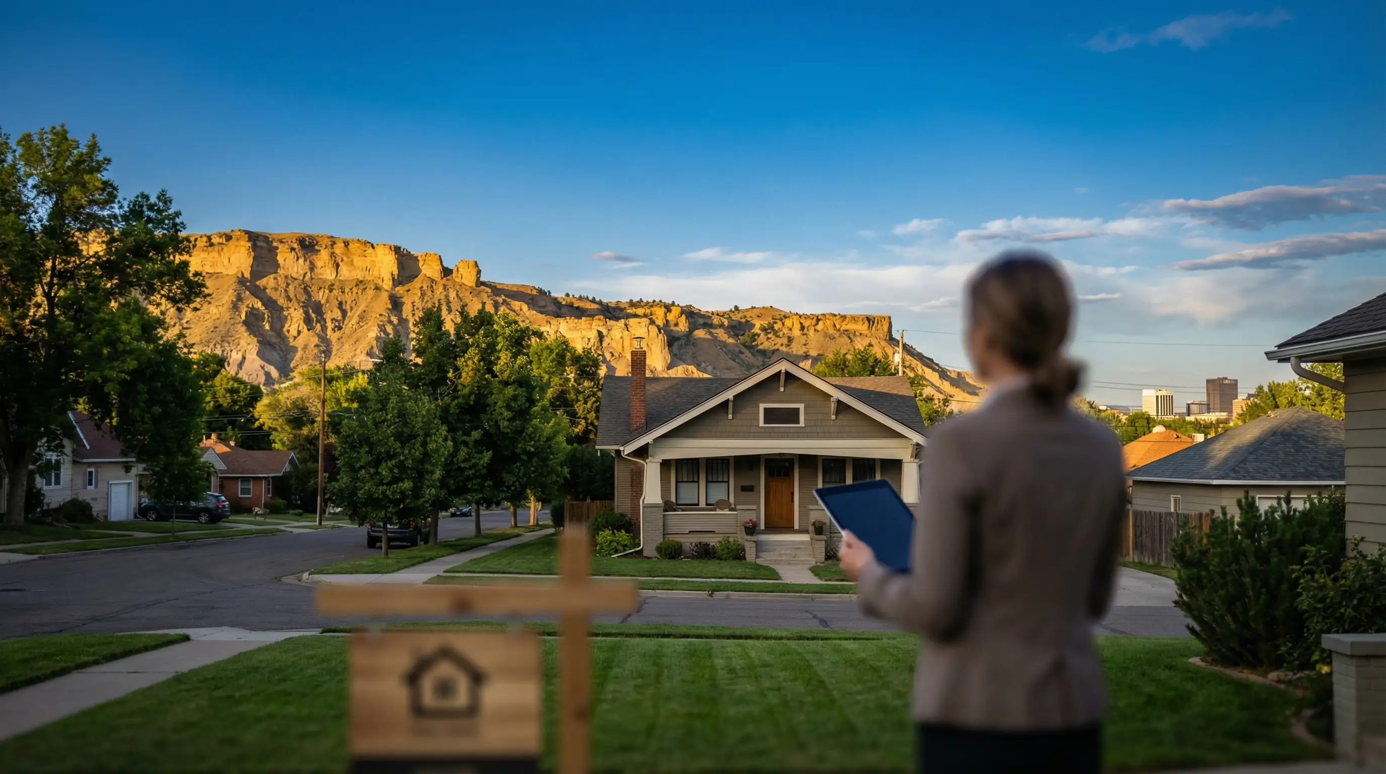 Professional real estate agent reviewing listings with clients in Billings, MT, with the Rimrock cliffs visible through the office window
