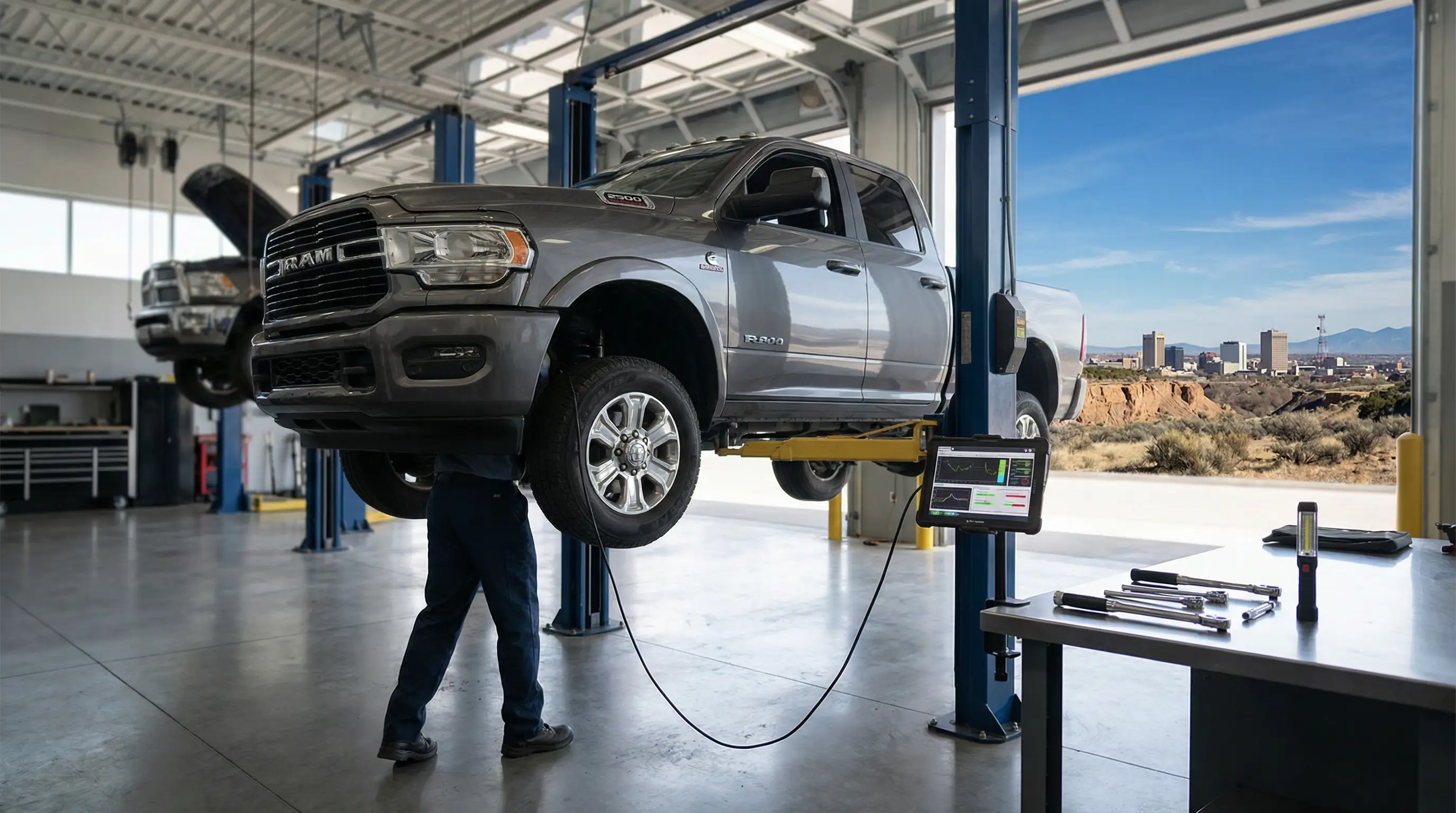 Professional auto technician inspecting a diesel truck at a Billings, MT repair shop with Montana landscape visible through the bay doors