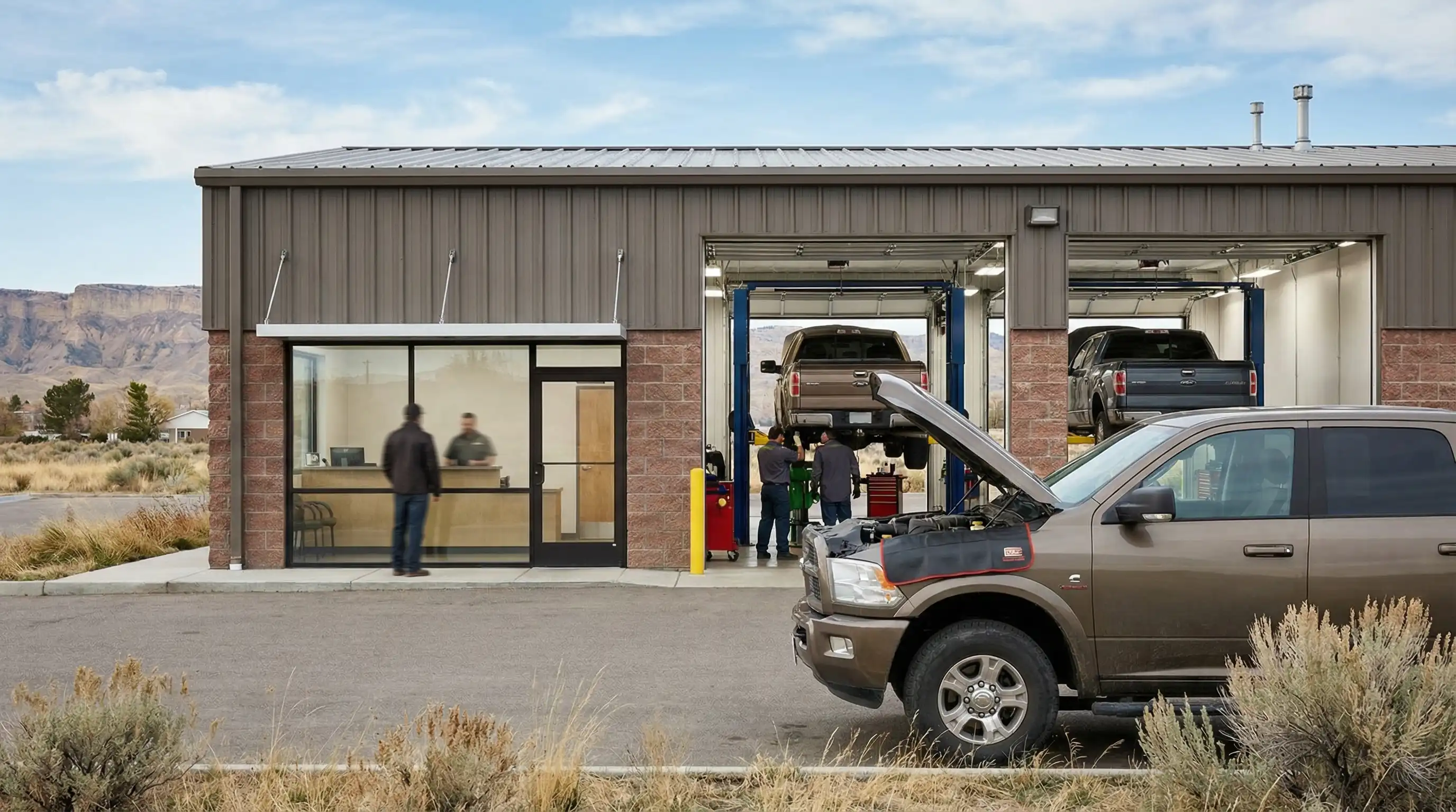Professional auto technician inspecting a diesel truck at a Billings, MT repair shop with Montana landscape visible through the bay doors