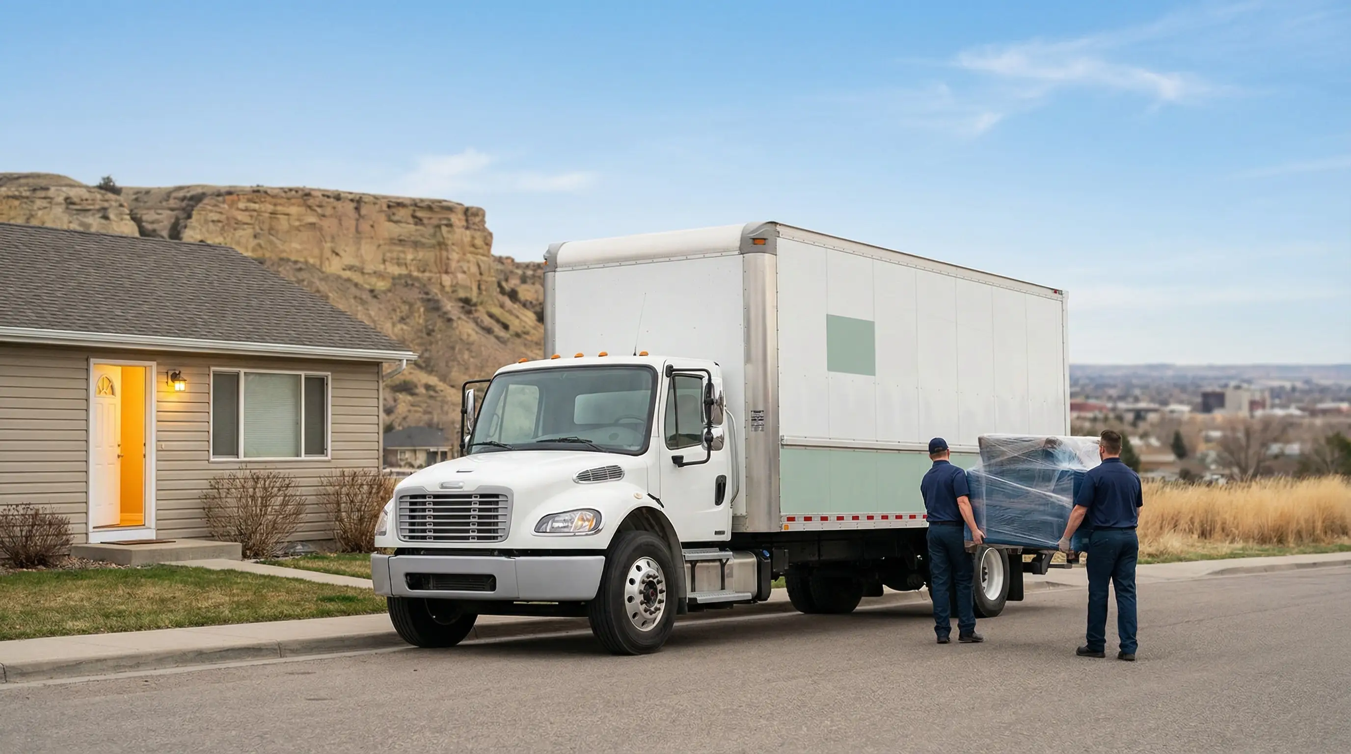 Professional moving crew loading furniture into a branded truck outside a Billings, MT home with the Rimrock cliffs in the background