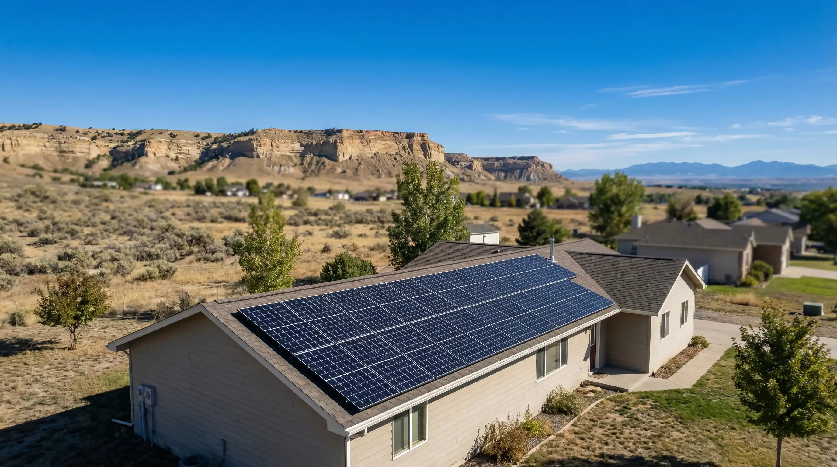 Solar installer securing panels on a residential rooftop in Billings, MT with the wide Montana sky and Rimrock cliffs visible in the background