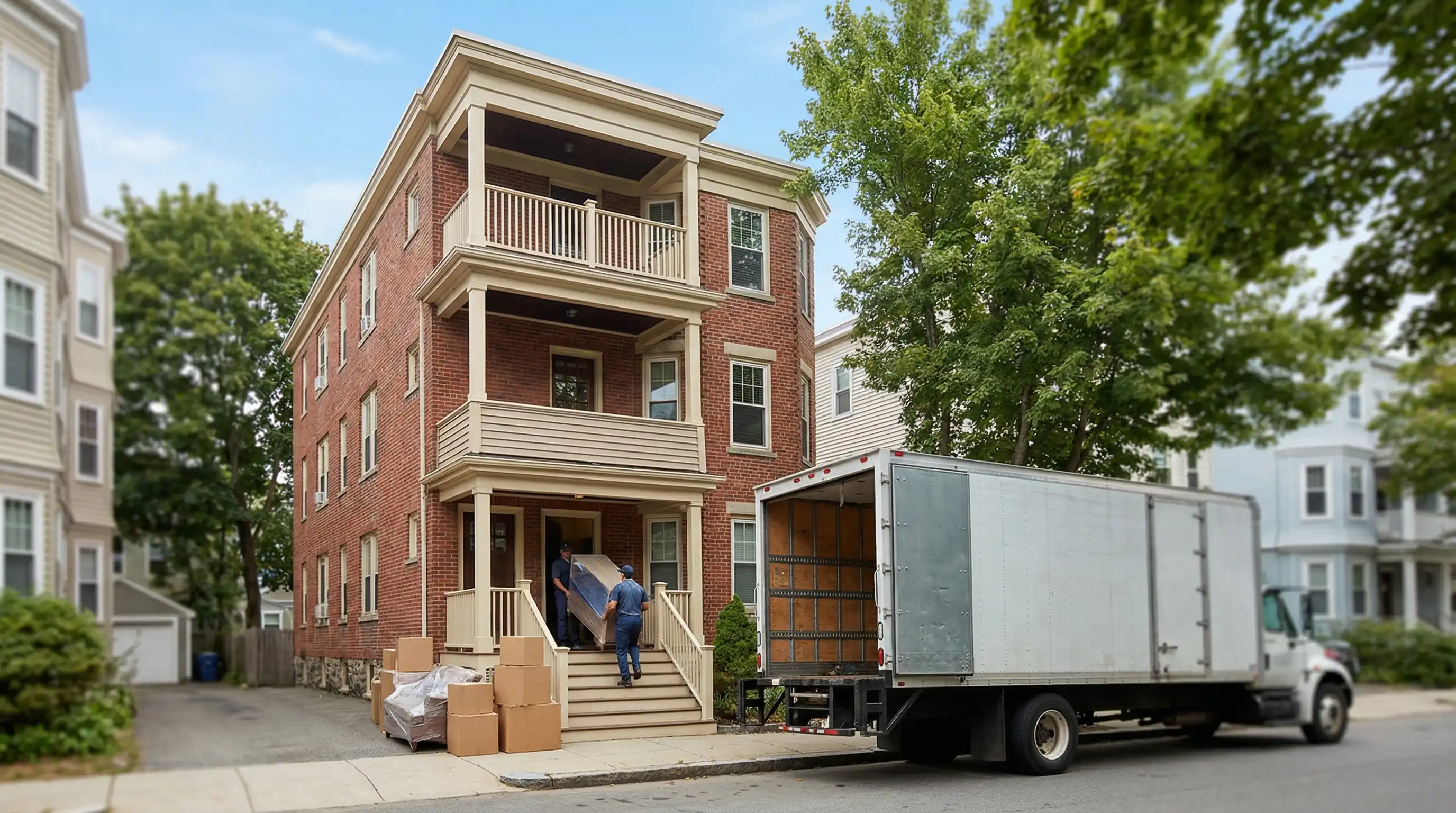 Professional moving crew loading furniture outside a Cambridge MA triple-decker apartment building on moving day