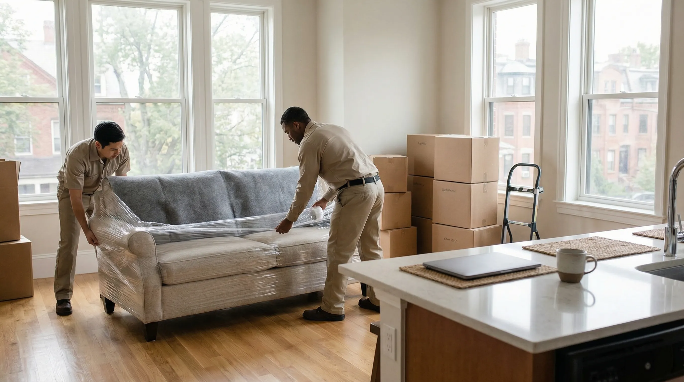 Professional moving crew loading furniture outside a Cambridge MA triple-decker apartment building on moving day
