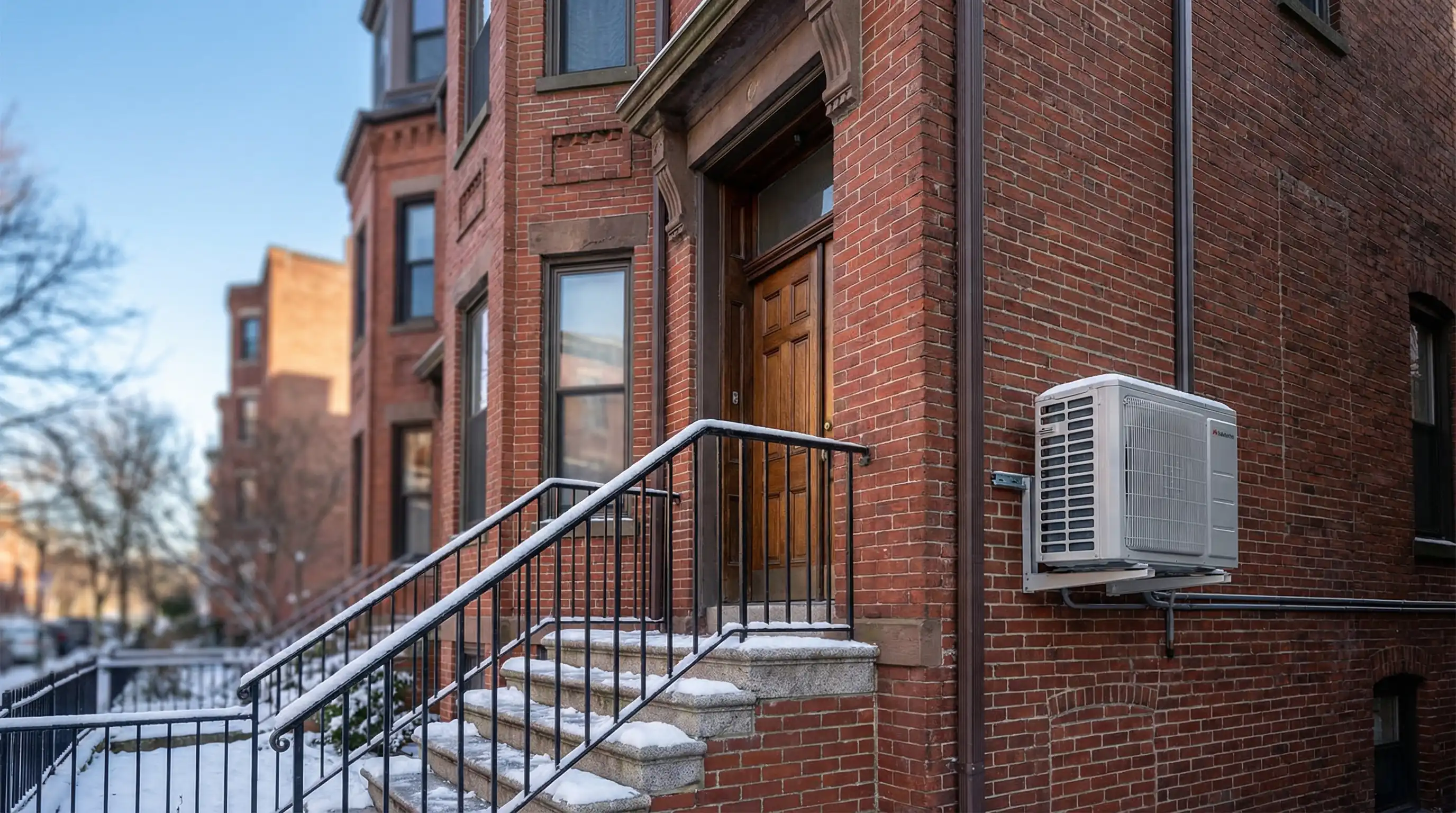 HVAC technician servicing a cast-iron boiler in a Cambridge MA brownstone basement with exposed brick walls and original radiator pipes