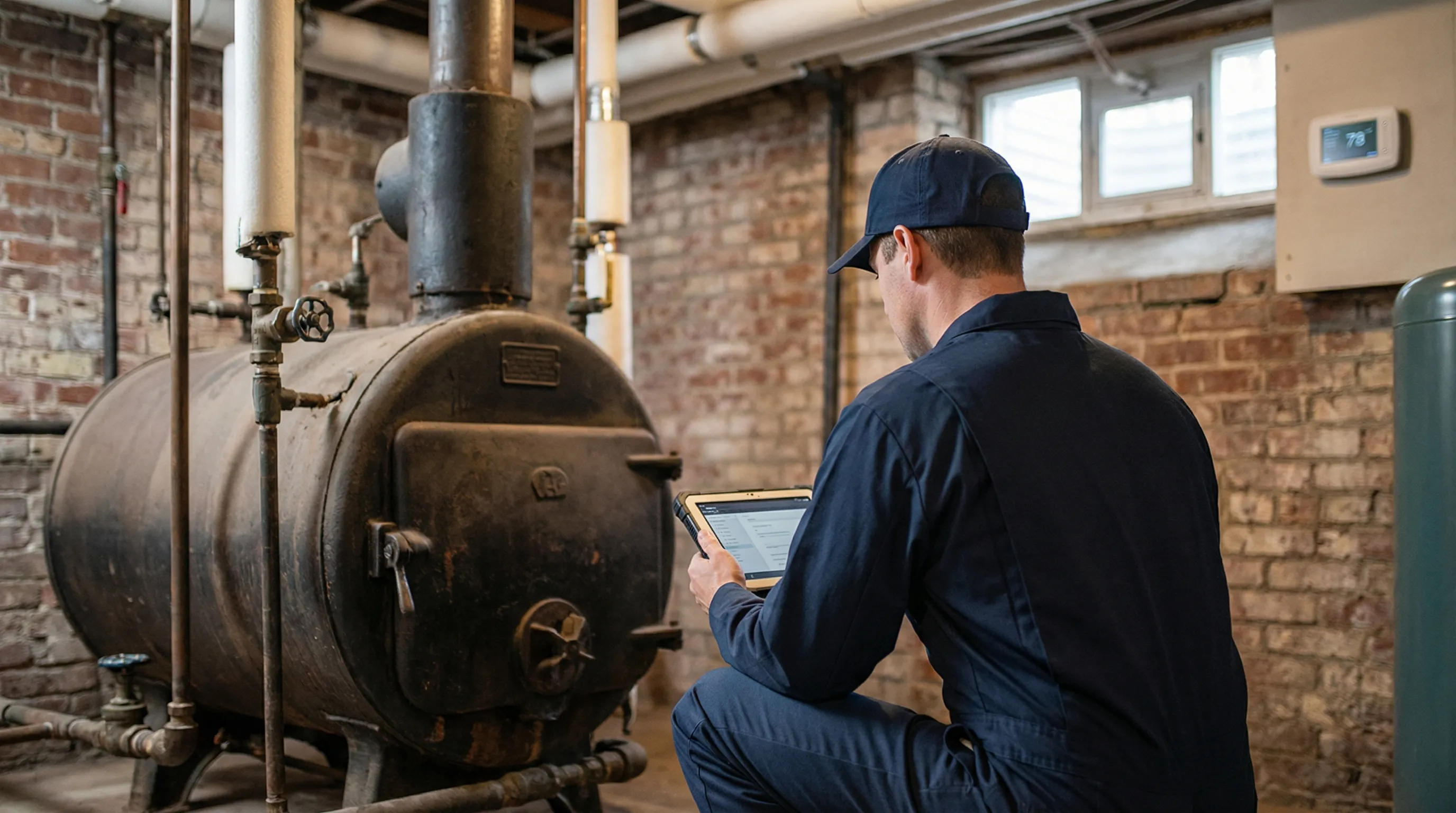 HVAC technician servicing a cast-iron boiler in a Cambridge MA brownstone basement with exposed brick walls and original radiator pipes