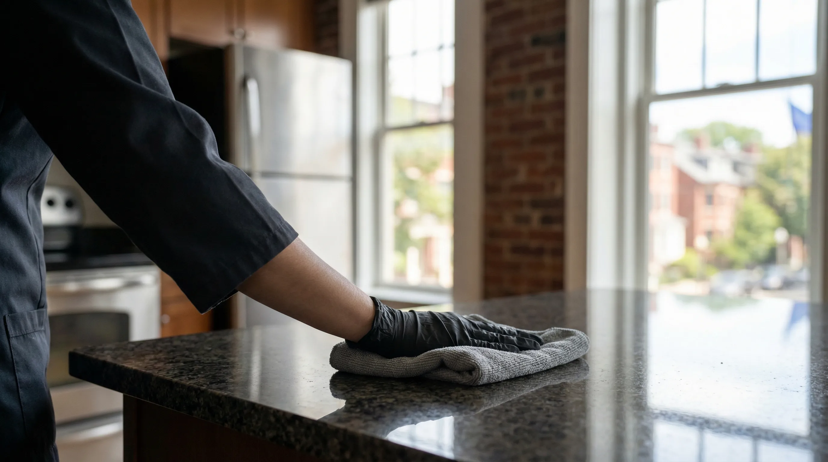 Professional cleaner in uniform wiping granite countertop in a bright Cambridge MA apartment with exposed brick wall and hardwood floors