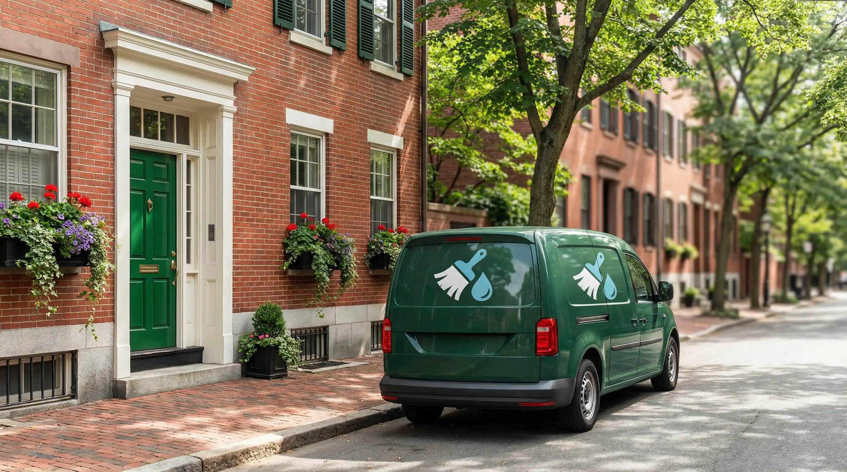 Professional cleaner in uniform wiping granite countertop in a bright Cambridge MA apartment with exposed brick wall and hardwood floors