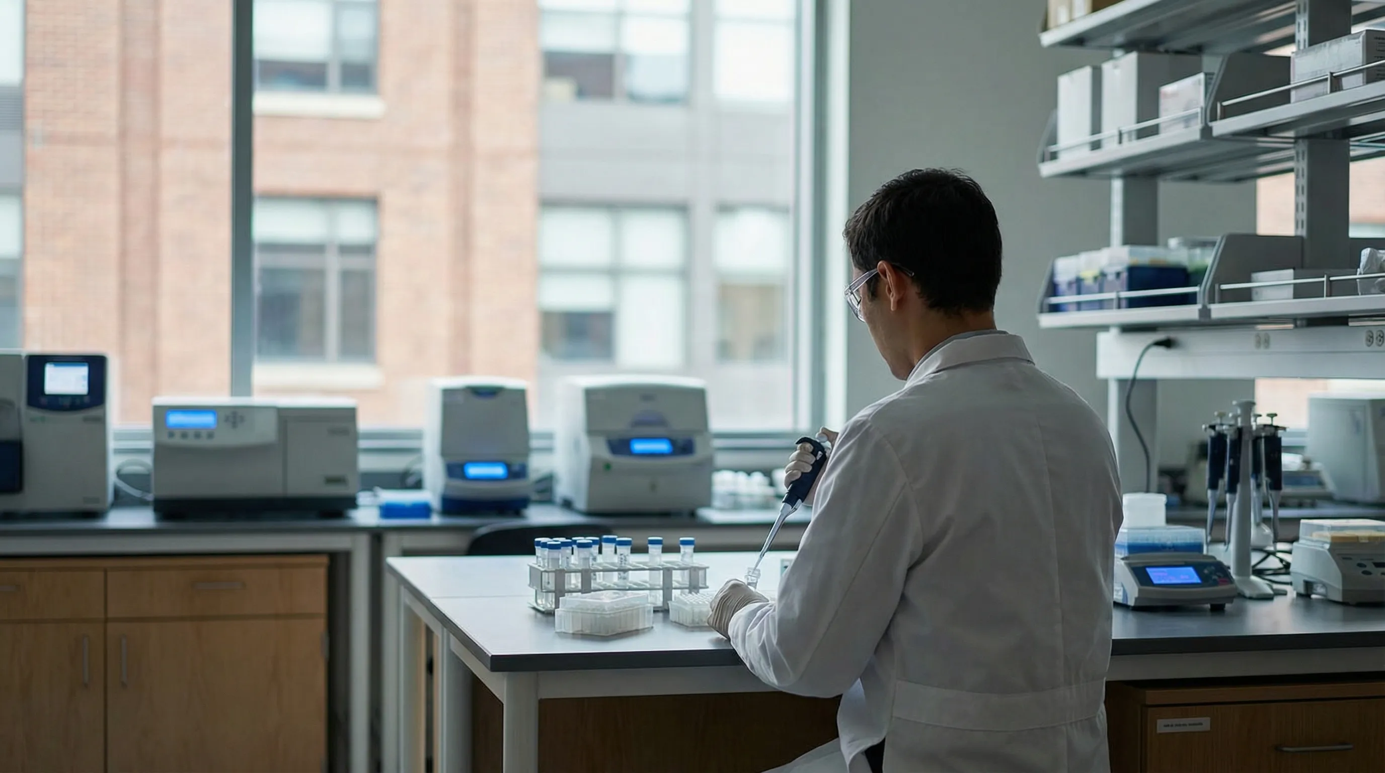 Life sciences researcher in white lab coat working at a modern biotech laboratory bench in Cambridge MA Kendall Square research facility