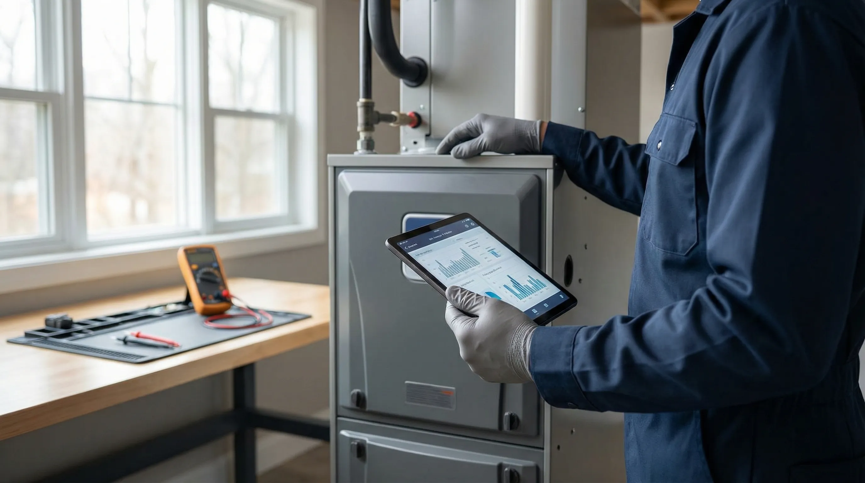 Professional HVAC technician performing furnace inspection in Evansville, IN home basement