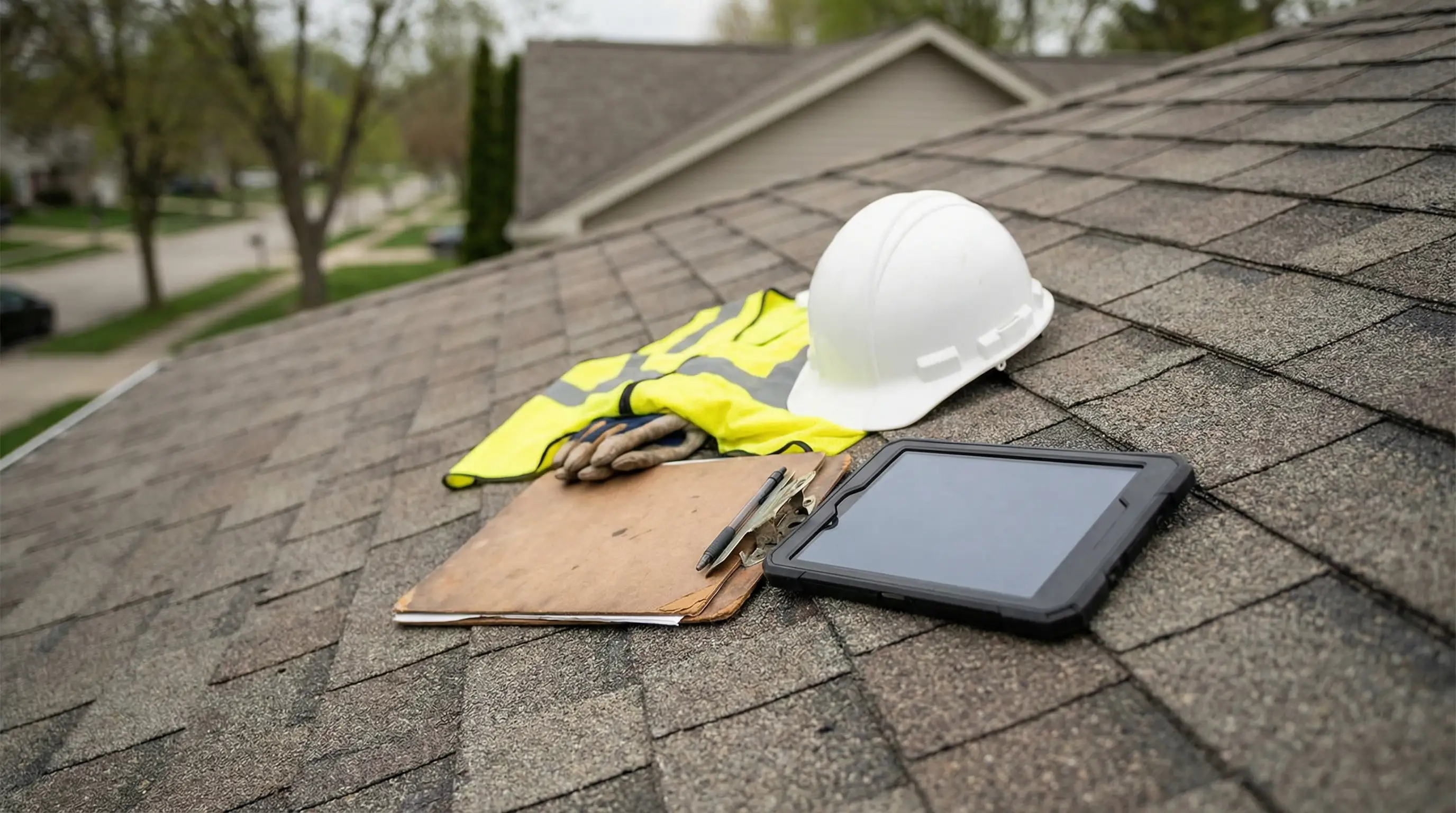 Professional roofing inspector reviewing shingles on residential home in Evansville, IN