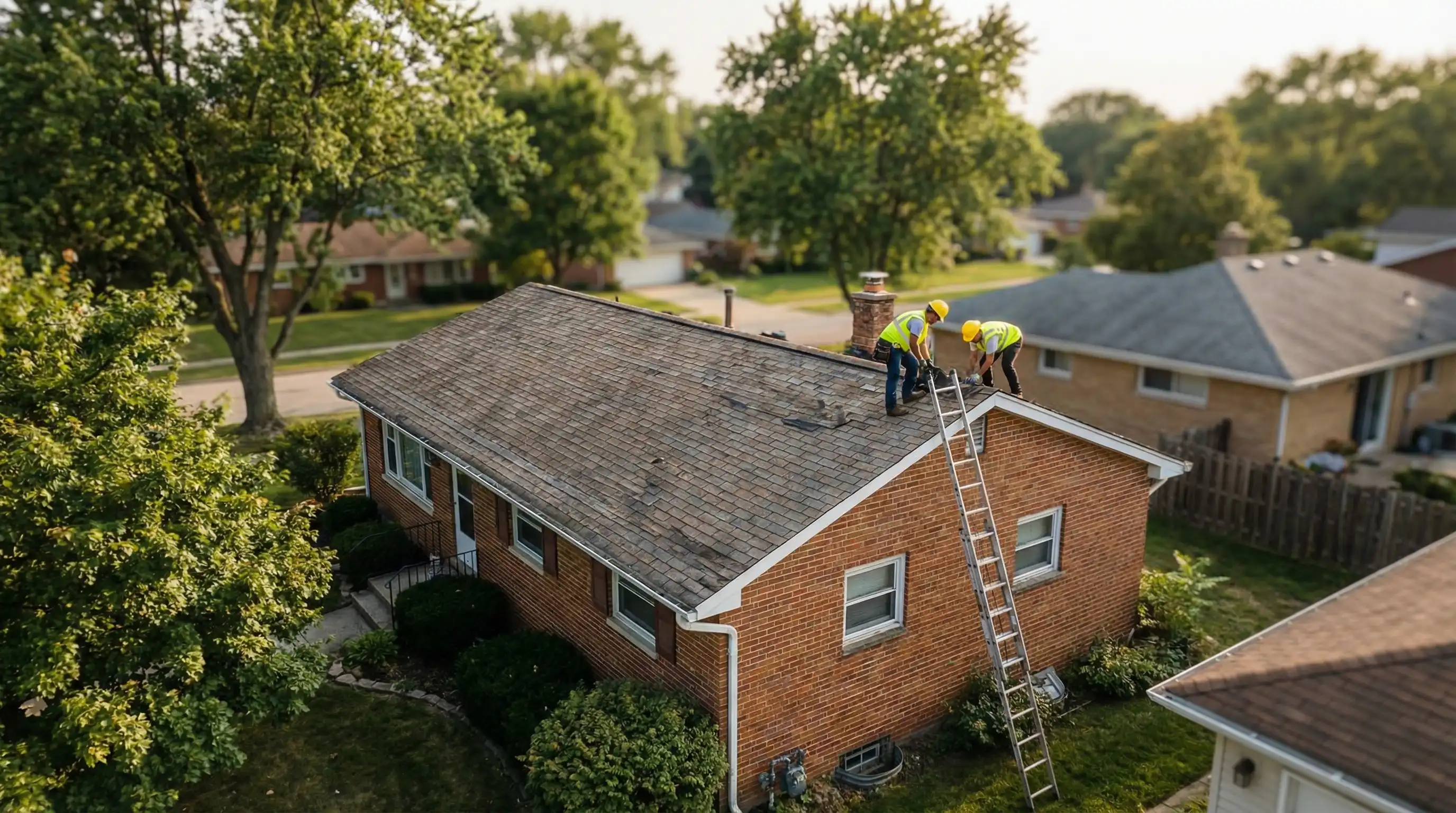 Professional roofing inspector reviewing shingles on residential home in Evansville, IN