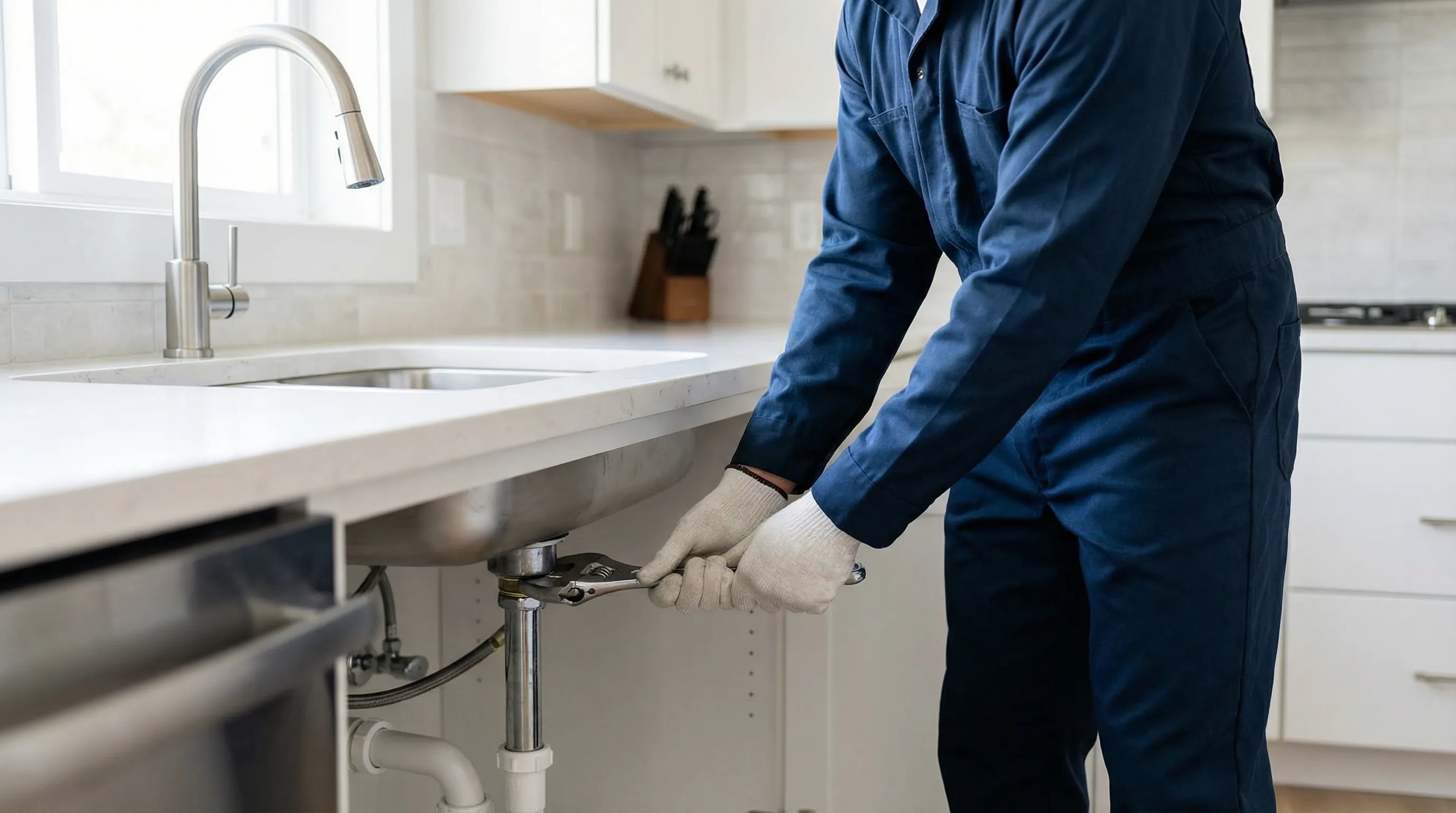 Professional plumber working under kitchen sink in Evansville, IN home
