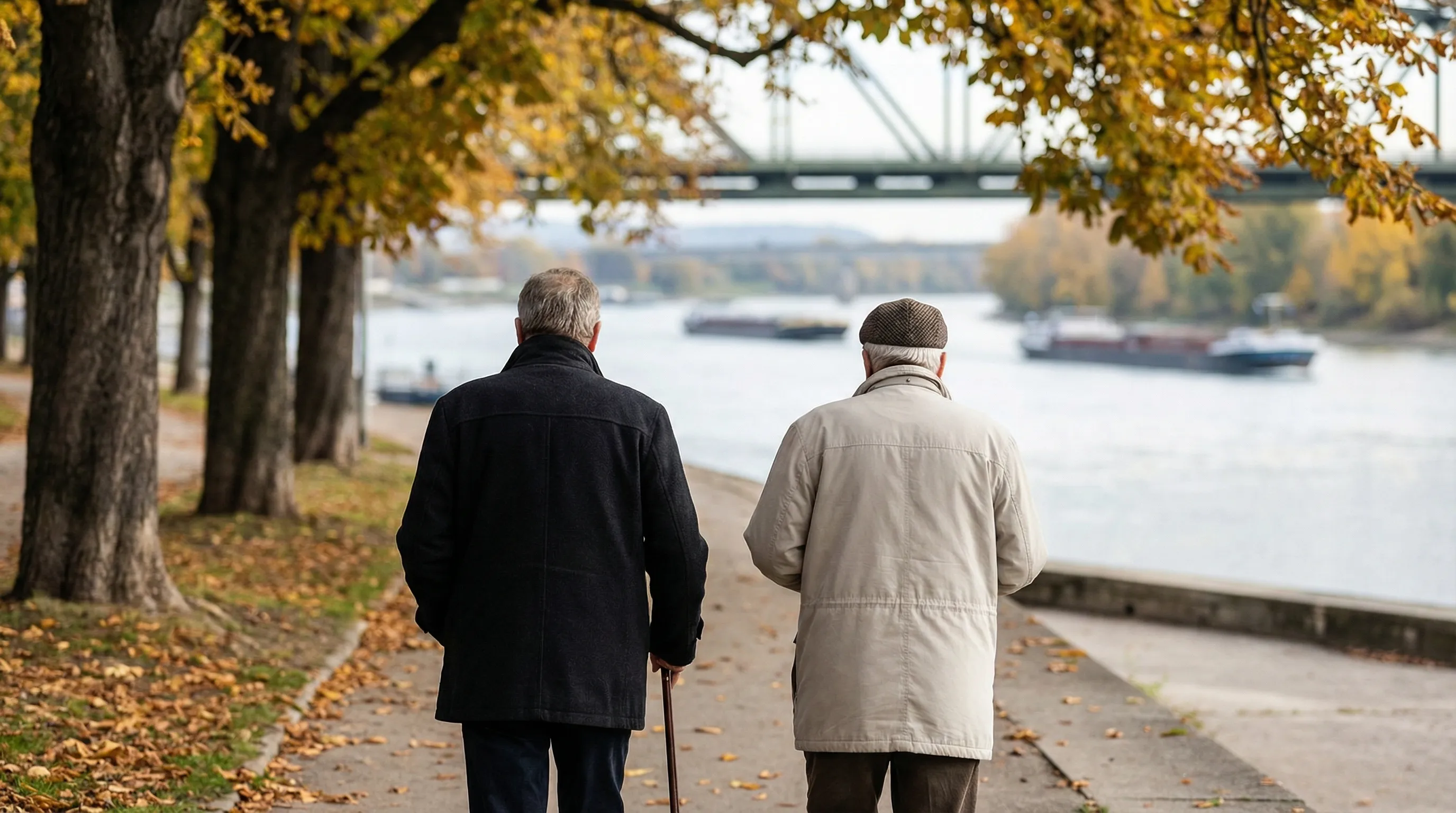 Senior caregiver assisting elderly resident on Evansville, IN riverfront path with Ohio River in background