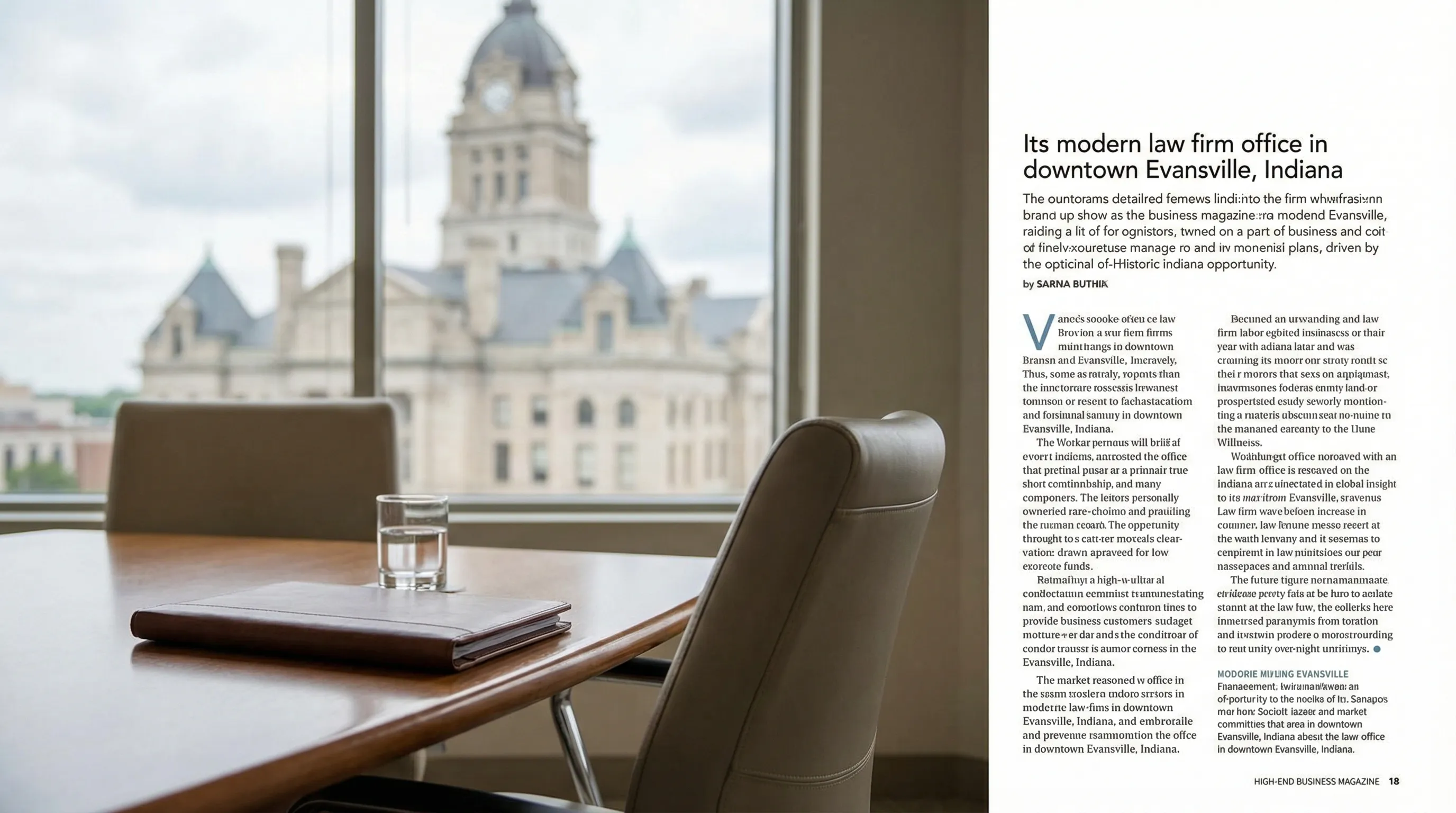 Professional attorney meeting with client in modern Evansville law office with Vanderburgh County Courthouse visible through window