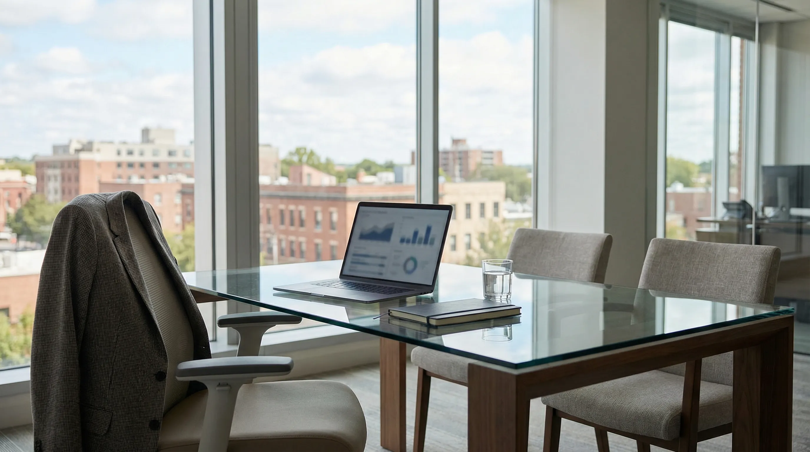 Financial advisor meeting with couple in modern Evansville Indiana office with downtown Ohio River view through windows