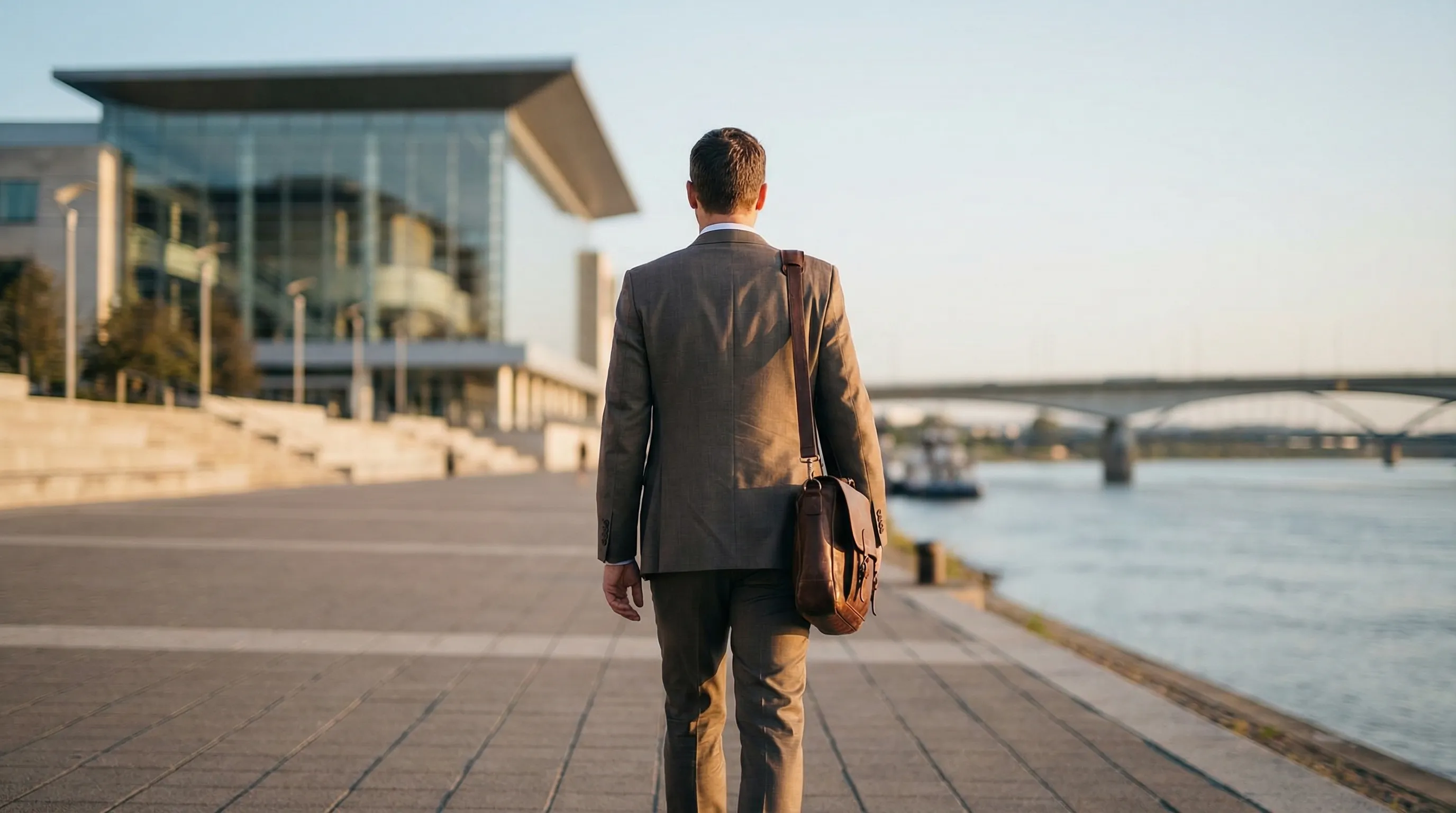 Financial advisor meeting with couple in modern Evansville Indiana office with downtown Ohio River view through windows
