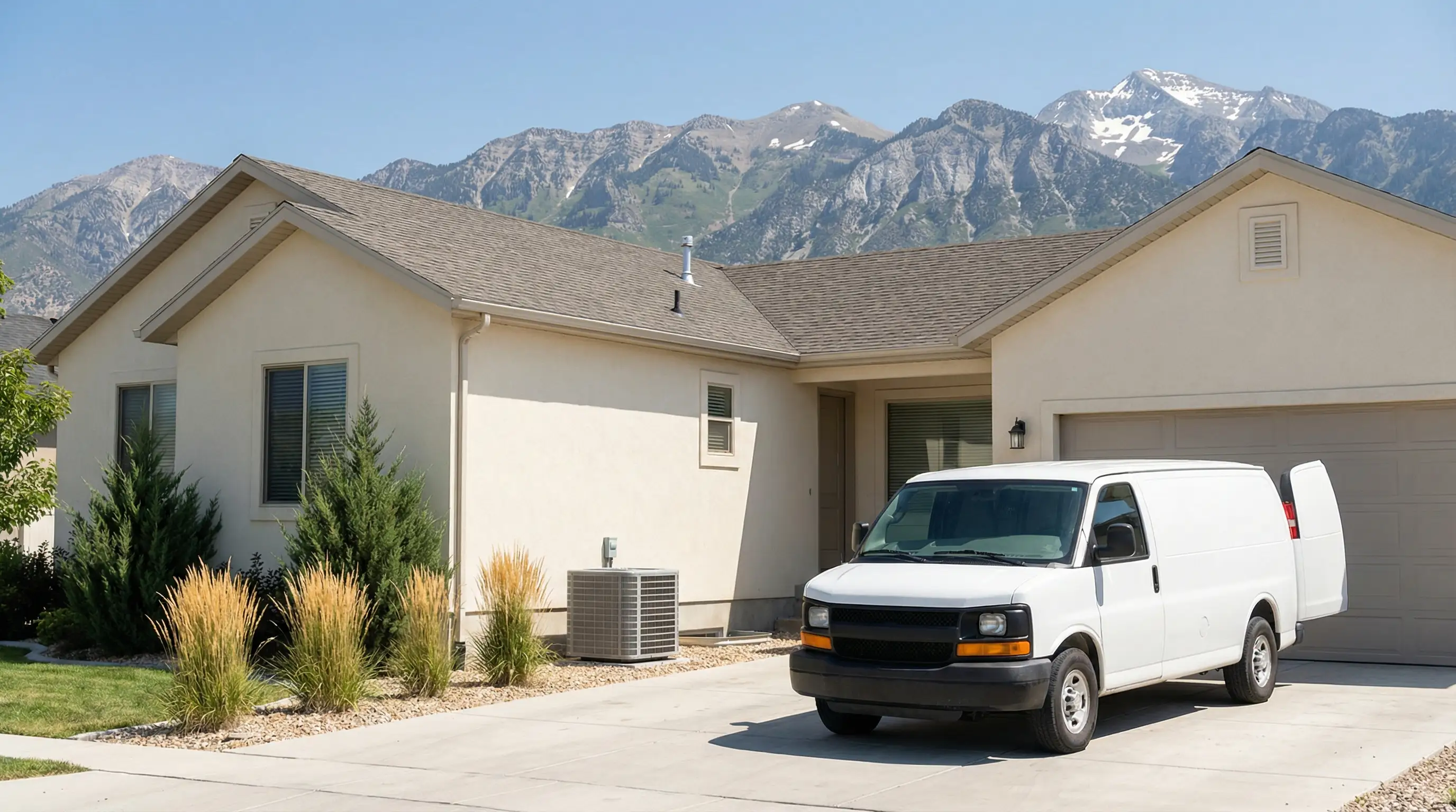 Professional HVAC technician servicing an air conditioning system at a residential home in Provo, UT, with the Wasatch Range visible in the background