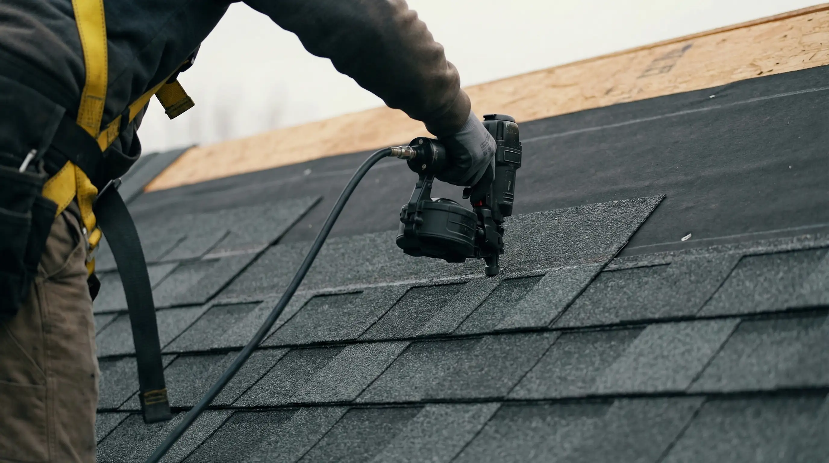 Professional roofing crew replacing a damaged roof on a residential home in Provo, UT, with the Wasatch Mountains visible in the background