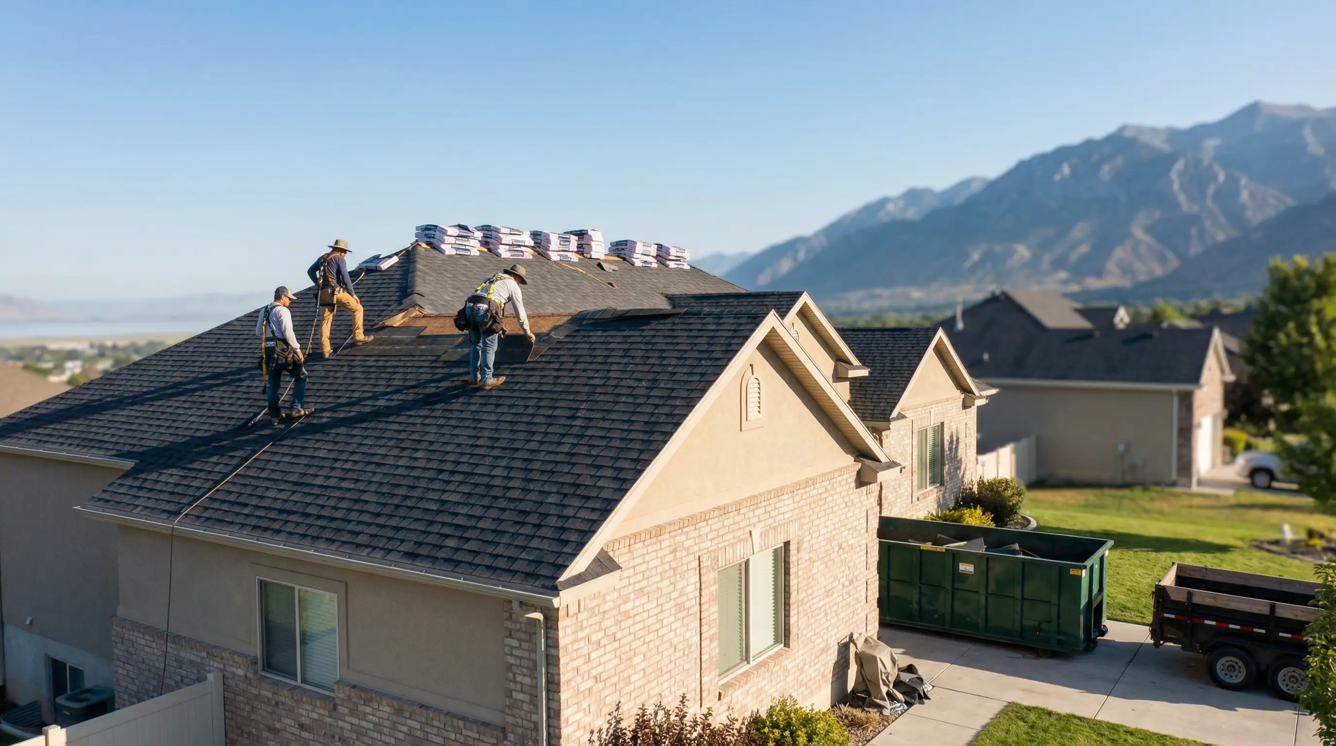 Professional roofing crew replacing a damaged roof on a residential home in Provo, UT, with the Wasatch Mountains visible in the background