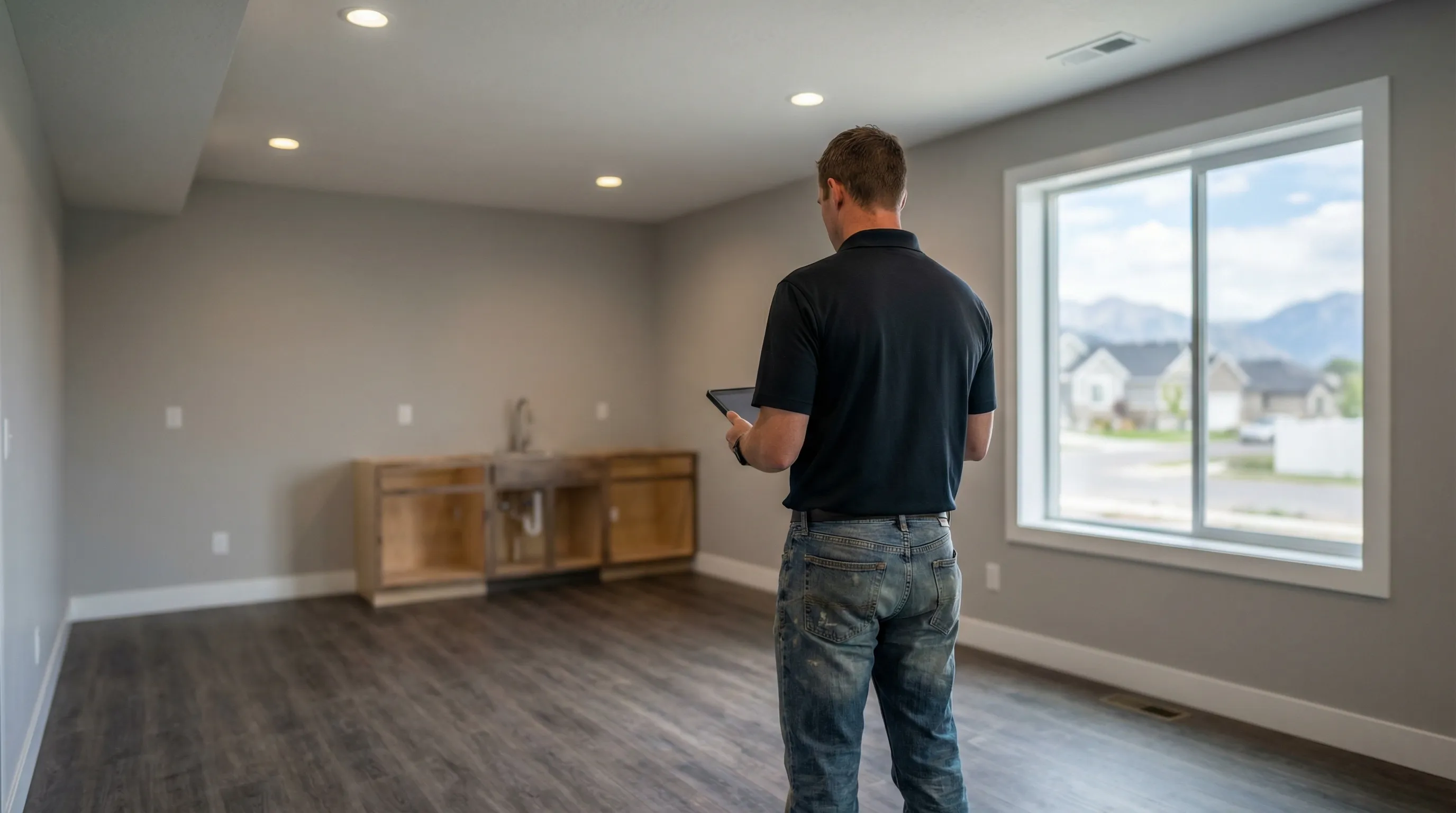Construction contractor reviewing plans in a newly finished basement in Provo, UT, with the Wasatch Mountains visible through the egress window