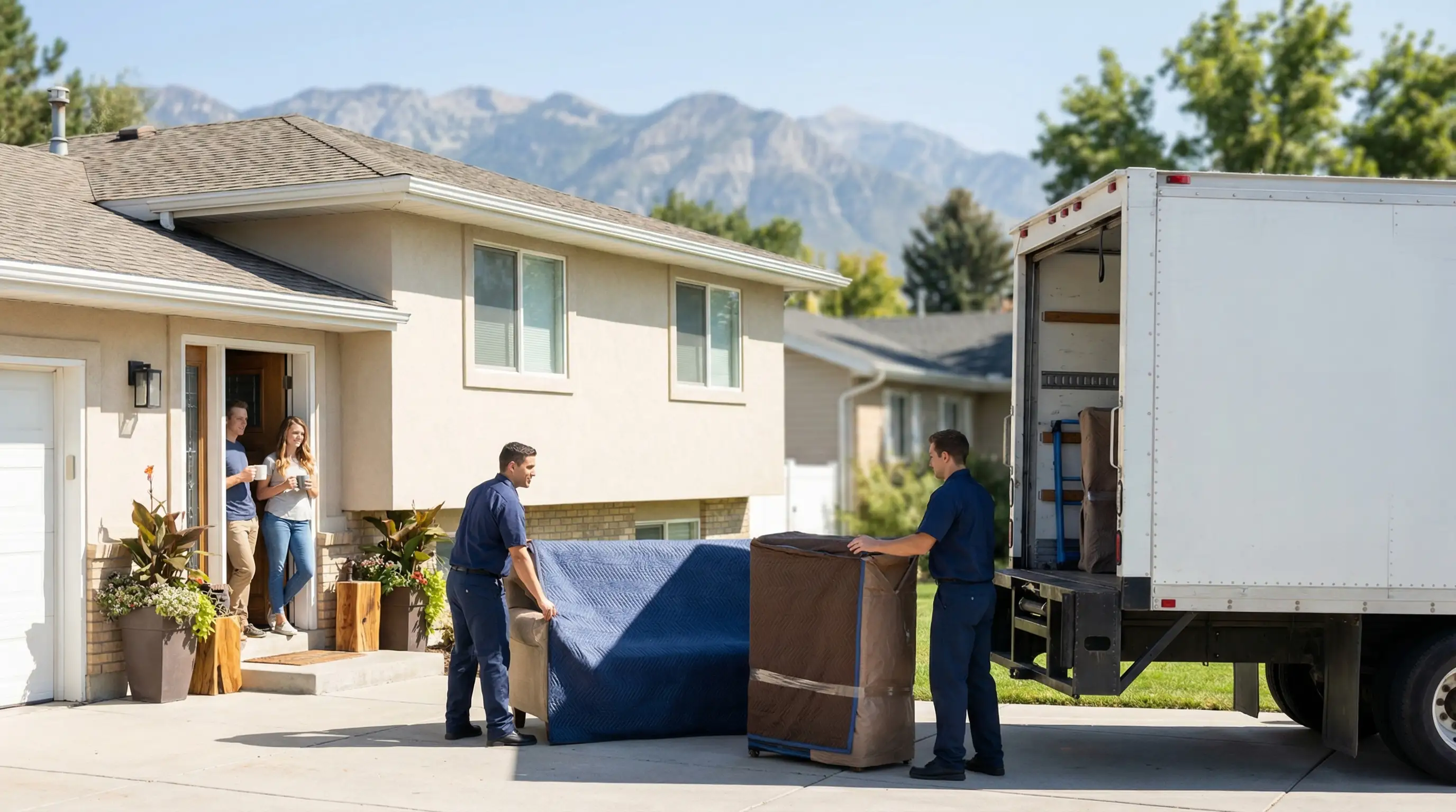 Professional moving crew loading furniture into a branded moving truck in a Provo, UT neighborhood