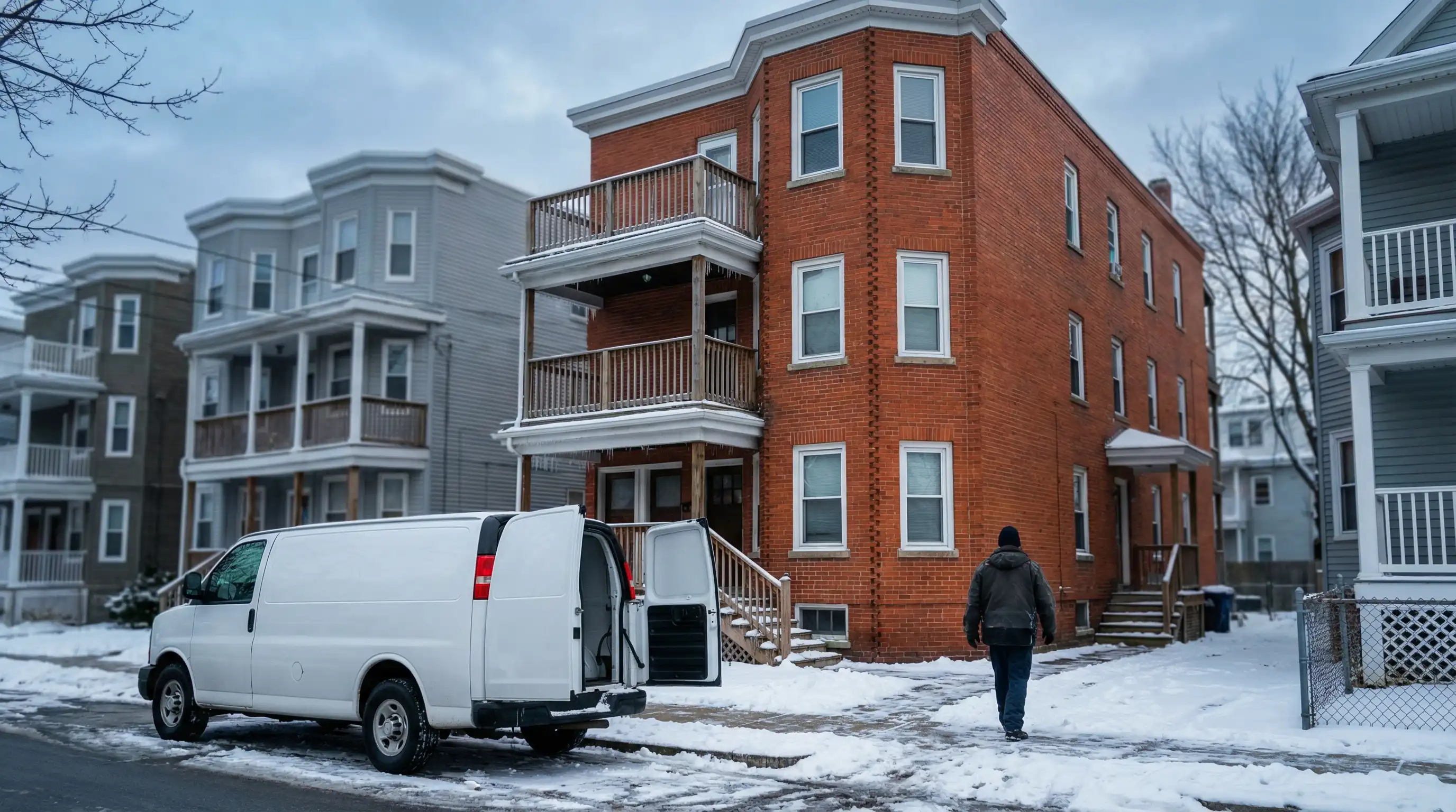 Professional HVAC technician servicing a furnace in a Lowell, MA triple-decker building utility room with exposed brick walls
