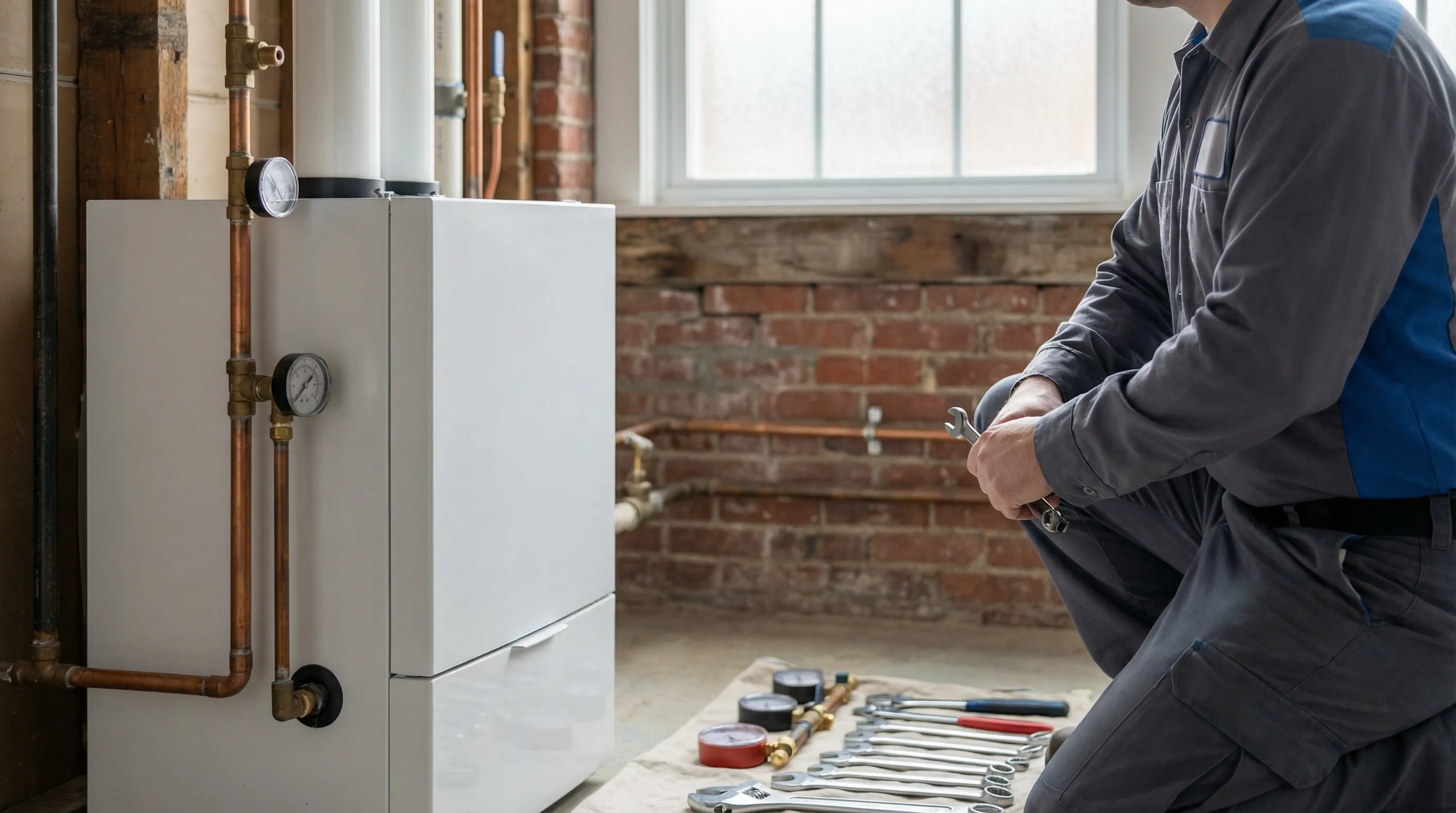 Professional HVAC technician servicing a furnace in a Lowell, MA triple-decker building utility room with exposed brick walls