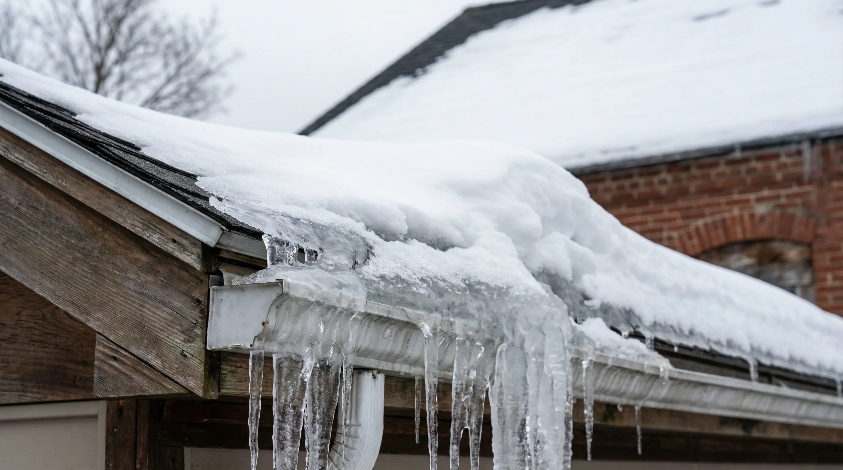Roofing contractors installing shingles on a steep-pitch triple-decker roof in Lowell, MA with an urban brick streetscape in the background