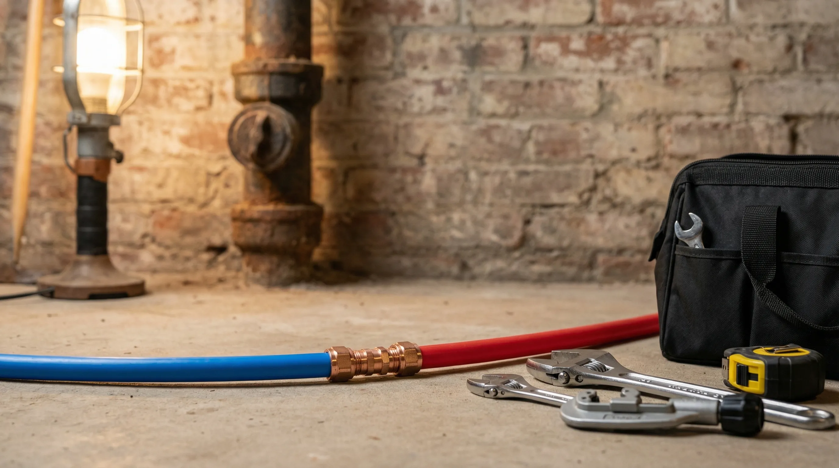 Licensed plumber working on PEX pipe installation in the exposed brick basement of a historic Lowell, MA triple-decker building