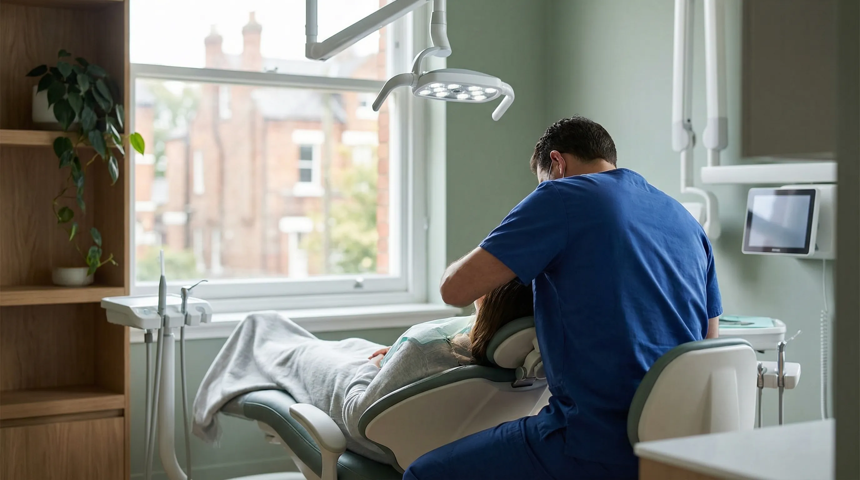 Professional dentist in a modern Lowell MA dental operatory providing gentle care to a patient in a welcoming multicultural practice setting