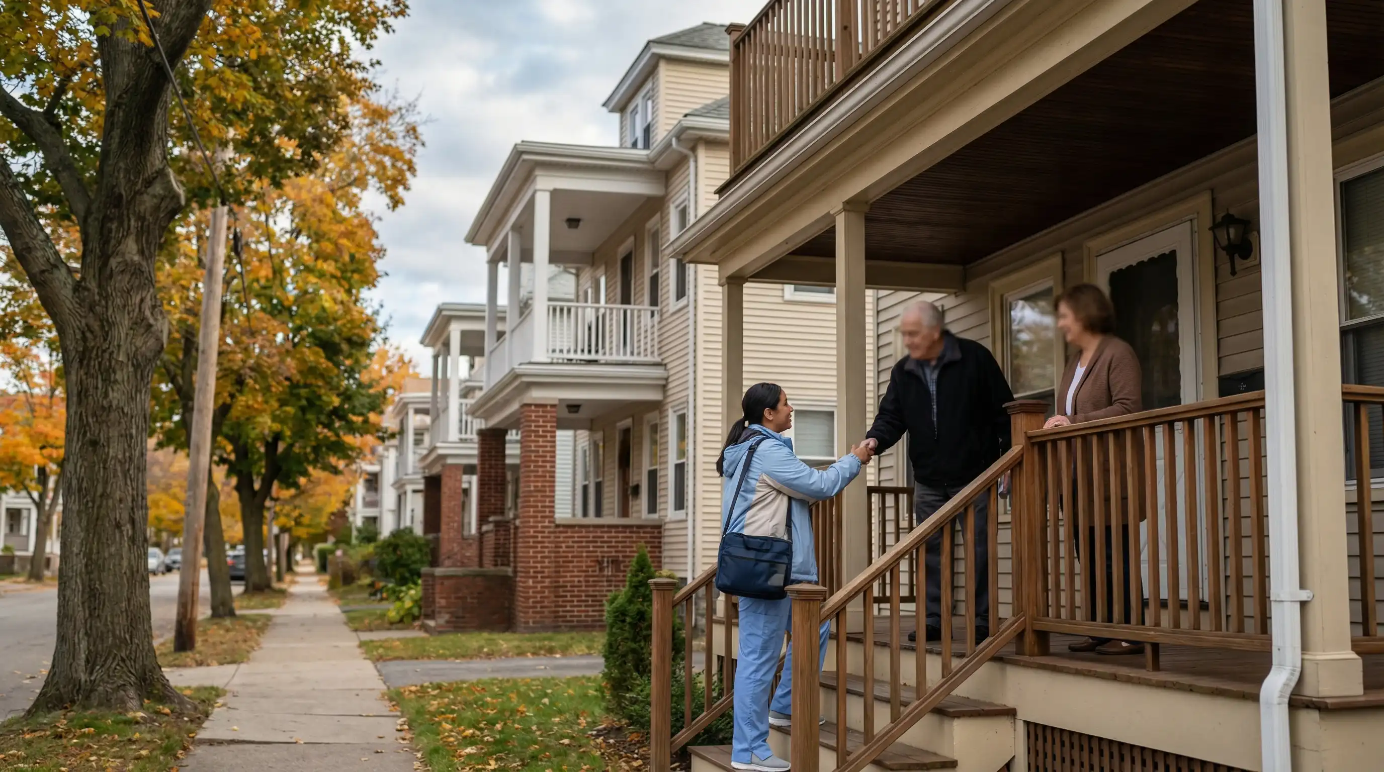 Professional home care aide arriving at a triple-decker residential home in Lowell, MA, greeted by an elderly man and his adult daughter