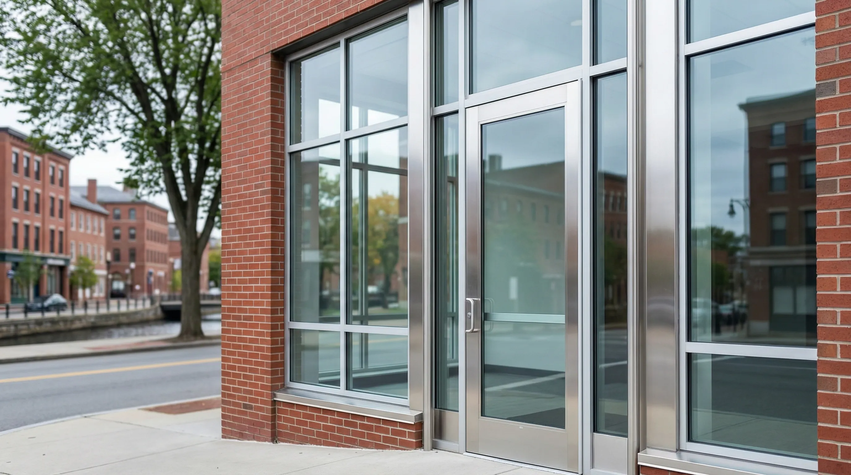 Professional attorney standing at the entrance of a law office in downtown Lowell, MA, welcoming a client couple for a consultation