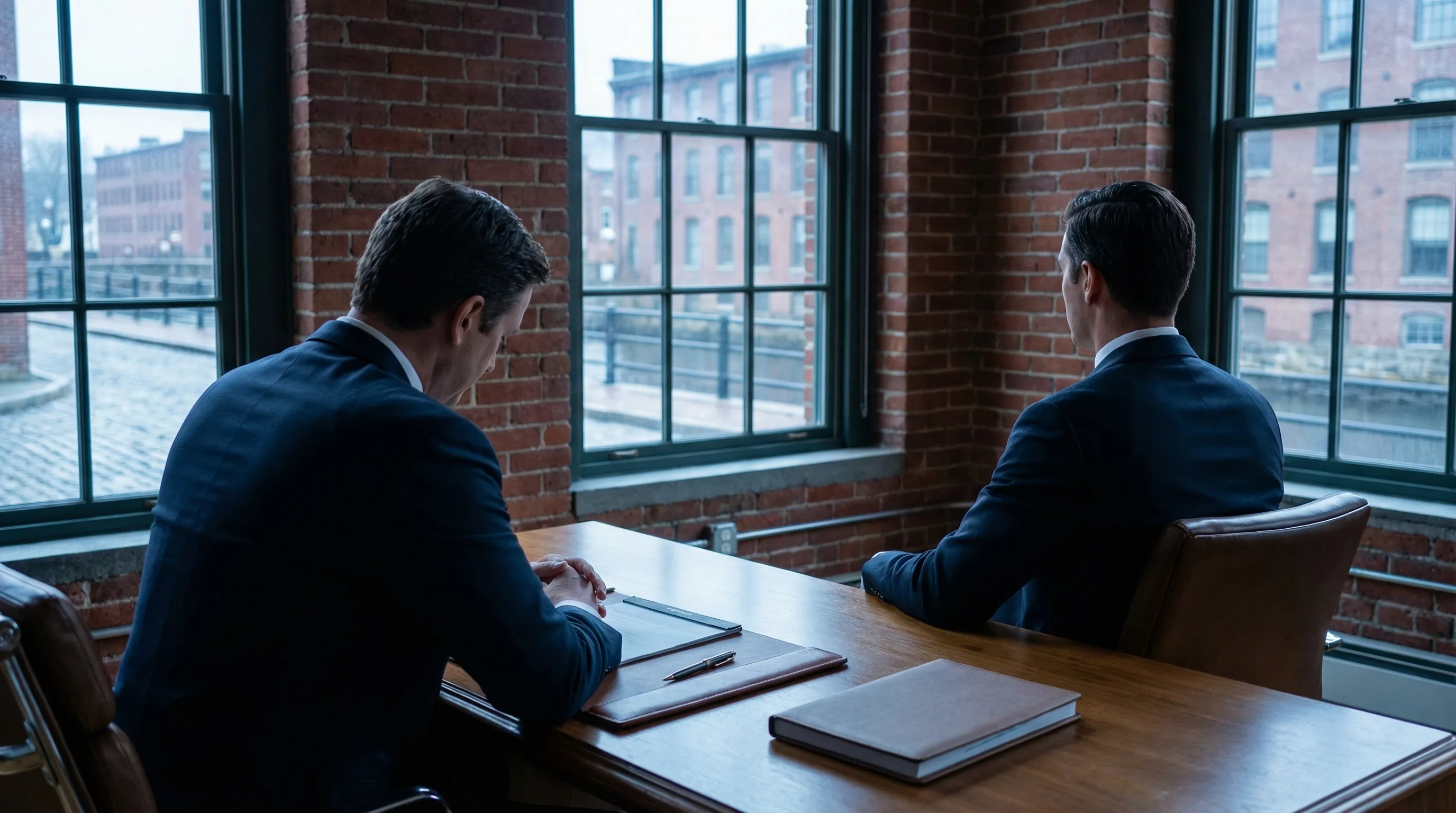 Professional attorney standing at the entrance of a law office in downtown Lowell, MA, welcoming a client couple for a consultation