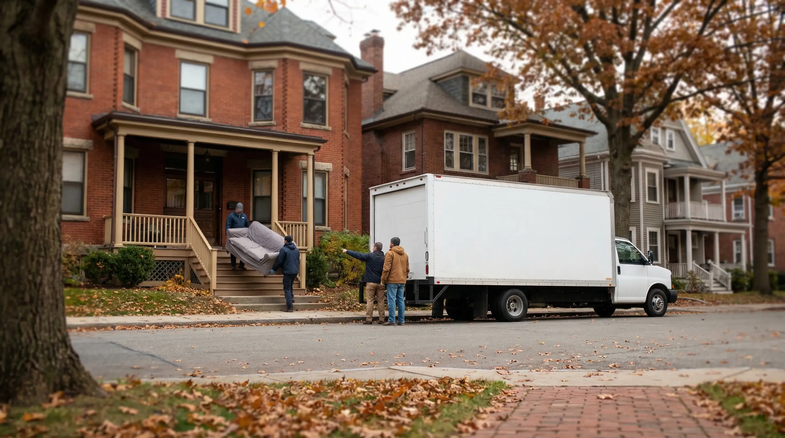Professional movers carrying furniture down wooden porch steps of a triple-decker home on a residential Lowell, MA street, moving truck parked in front