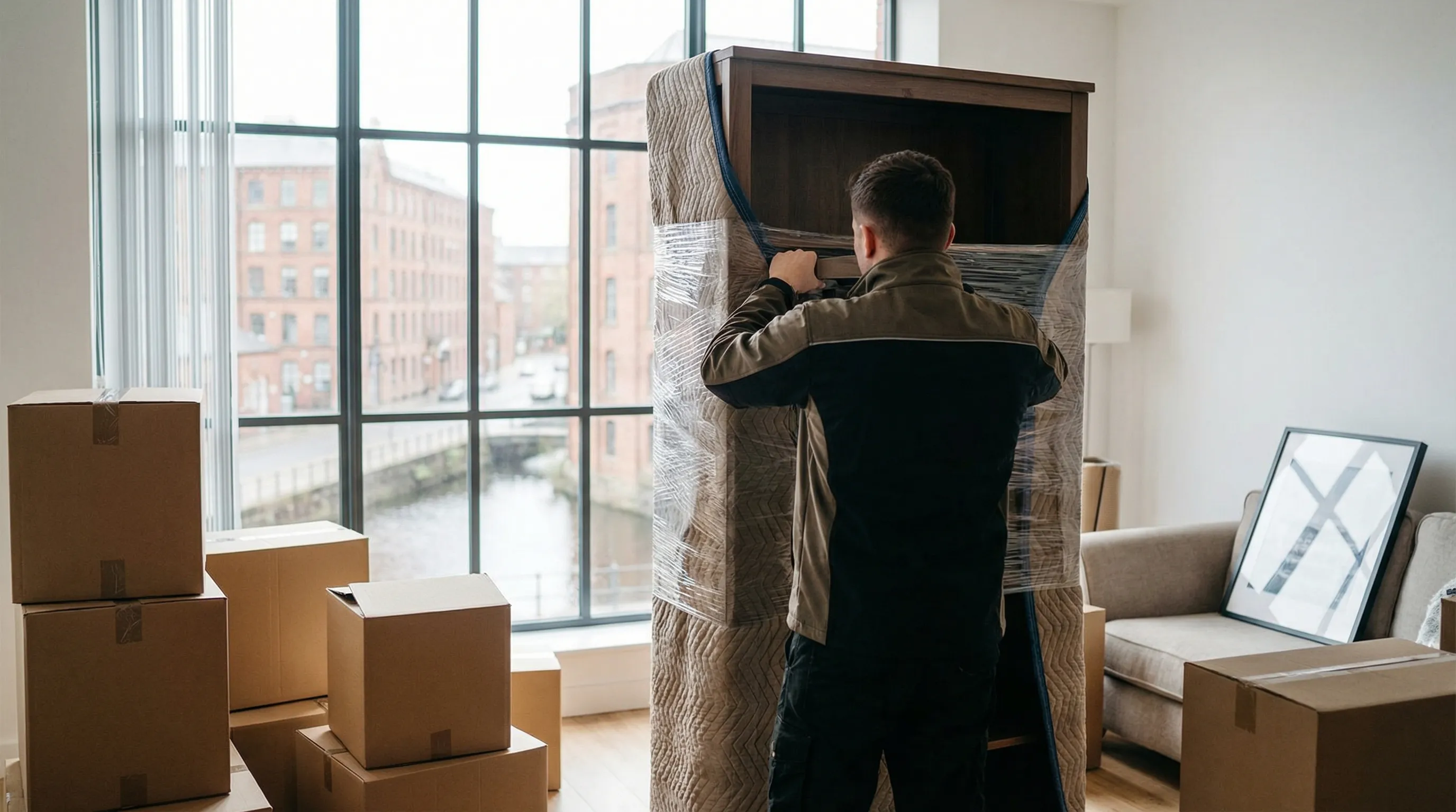 Professional movers carrying furniture down wooden porch steps of a triple-decker home on a residential Lowell, MA street, moving truck parked in front