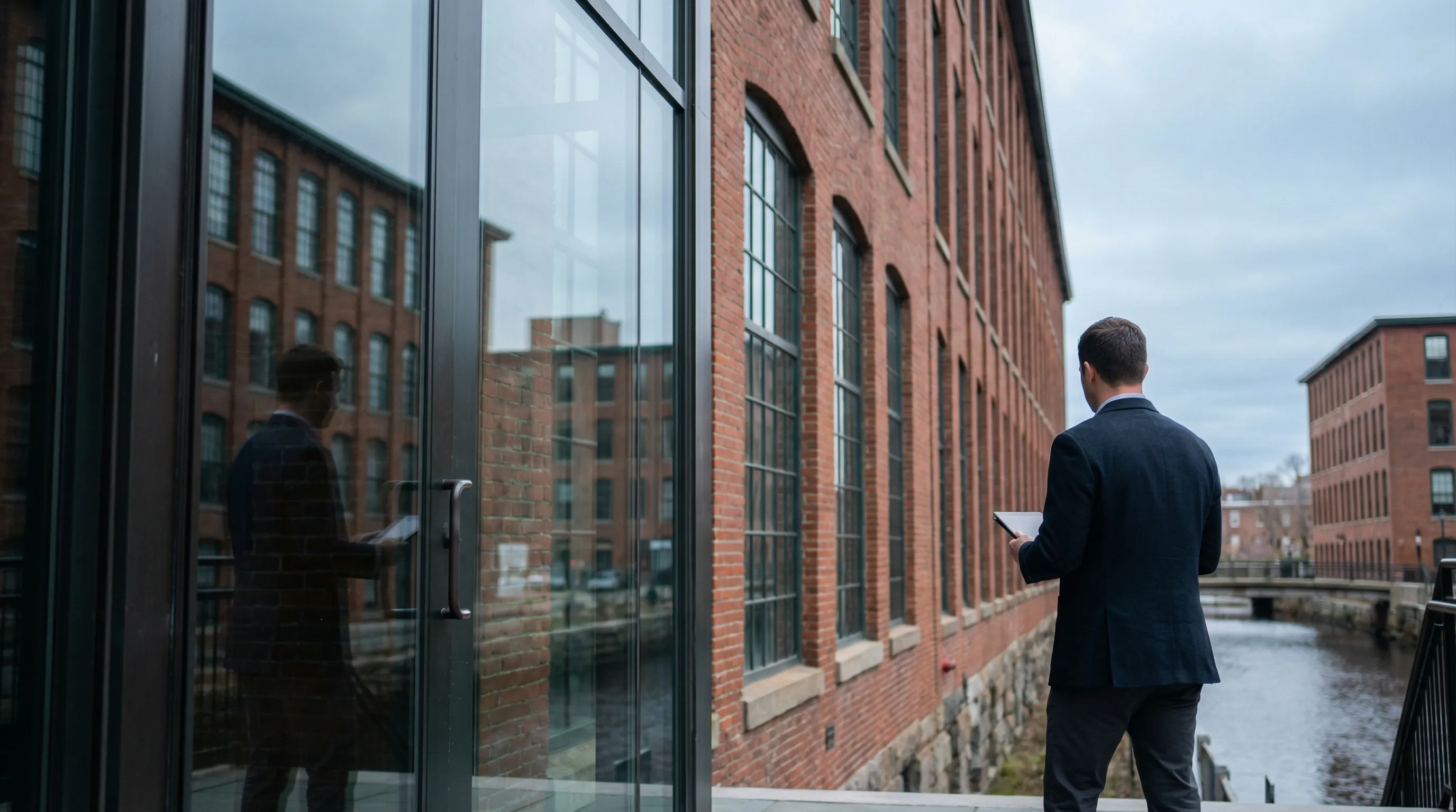 IT technician monitoring network health dashboards in a tidy server room at a Lowell, MA technology company, branded polo and organized rack servers visible