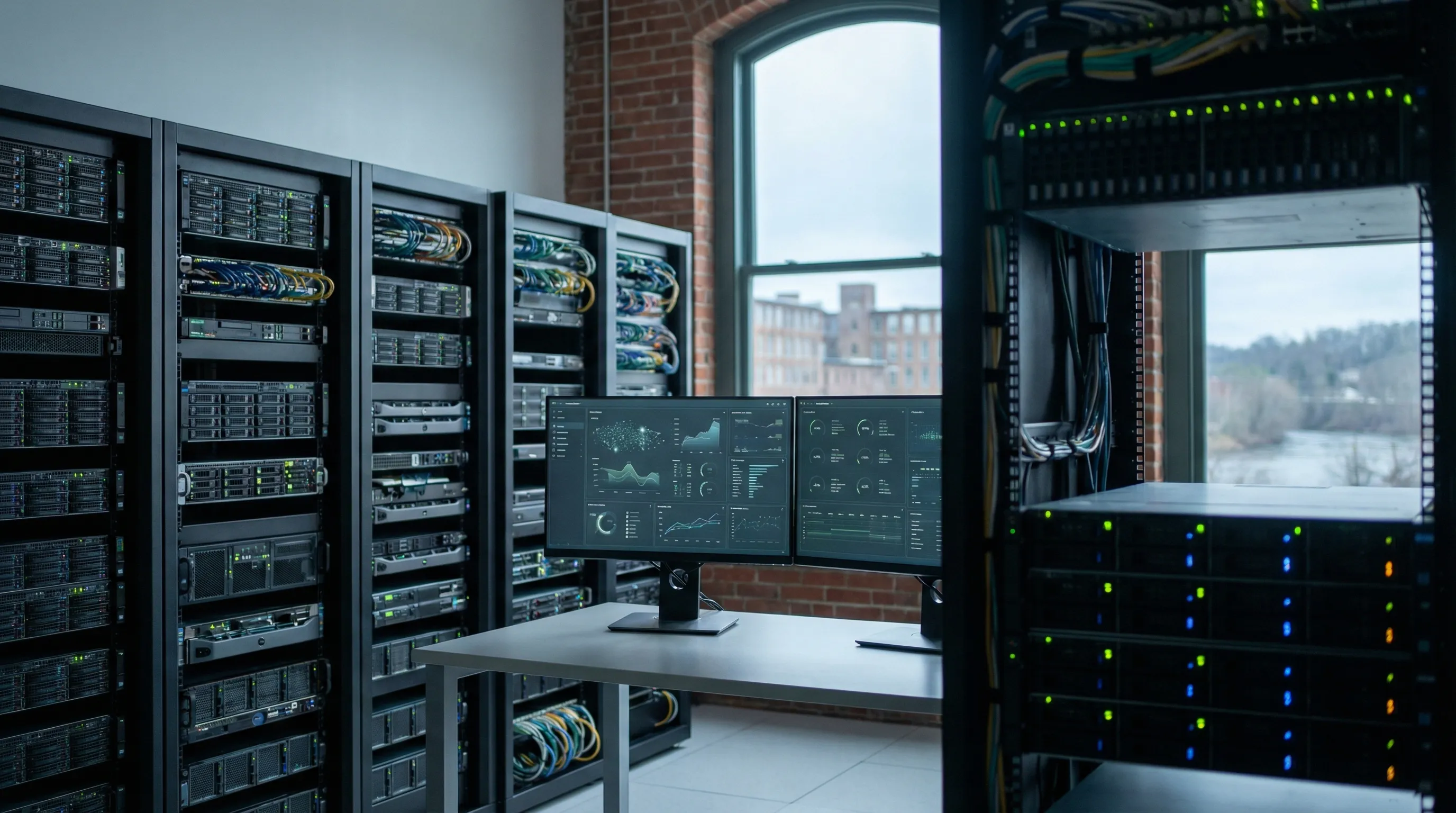 IT technician monitoring network health dashboards in a tidy server room at a Lowell, MA technology company, branded polo and organized rack servers visible