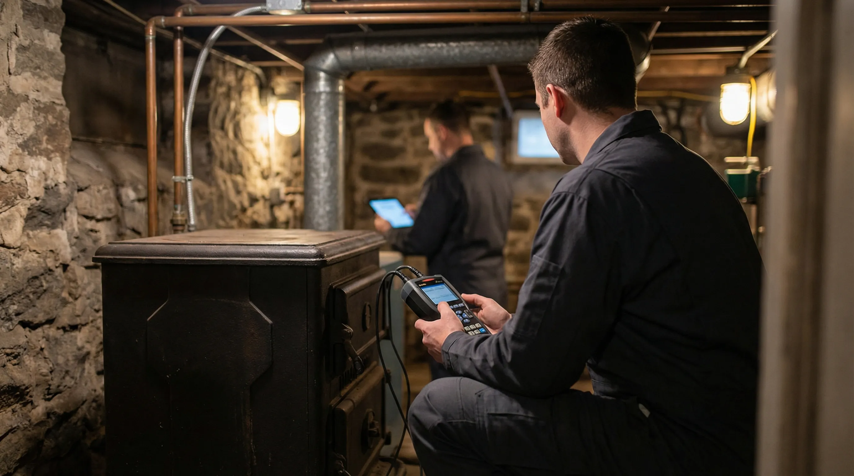 HVAC technician servicing a cast-iron oil boiler in a Manchester, NH basement with original brick foundation