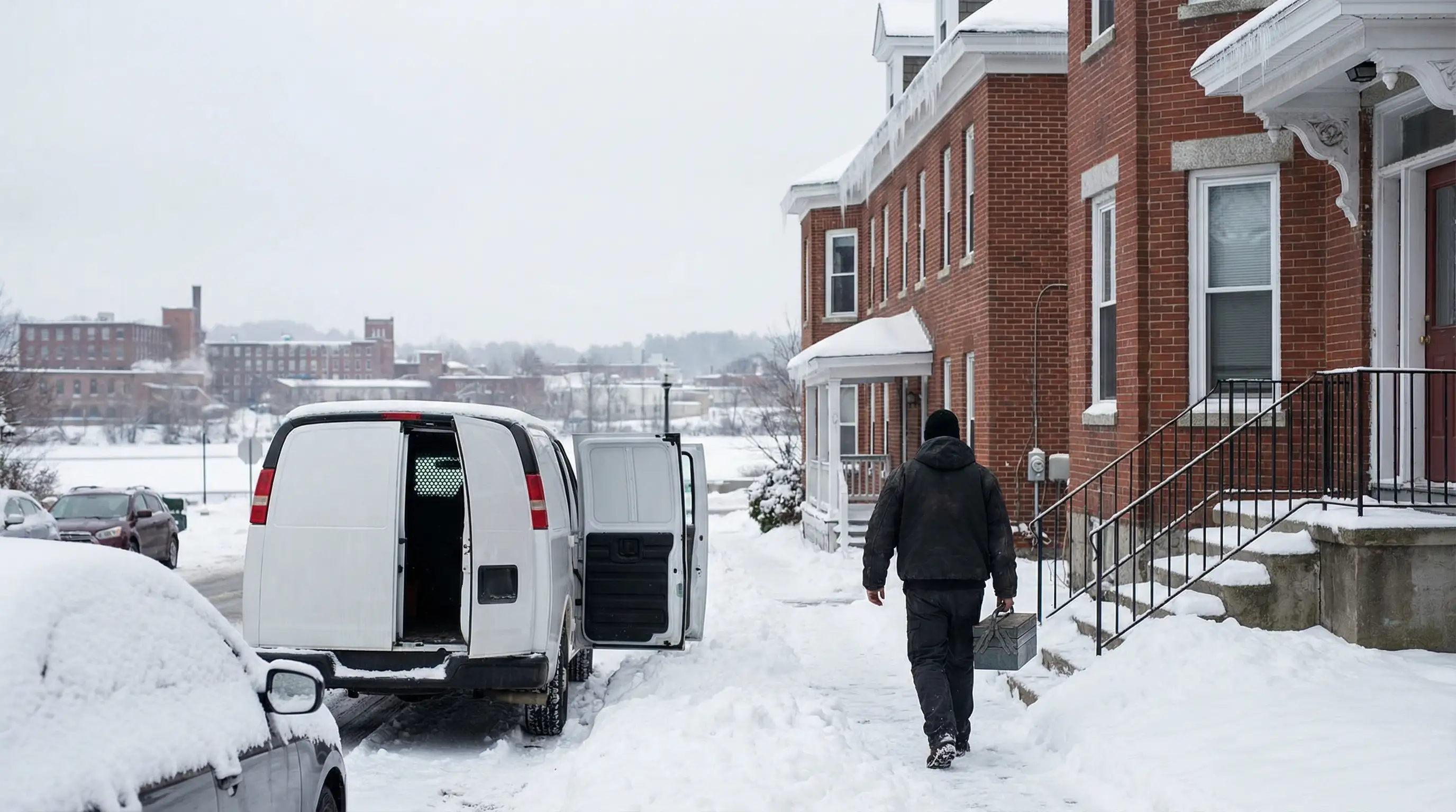 HVAC technician servicing a cast-iron oil boiler in a Manchester, NH basement with original brick foundation