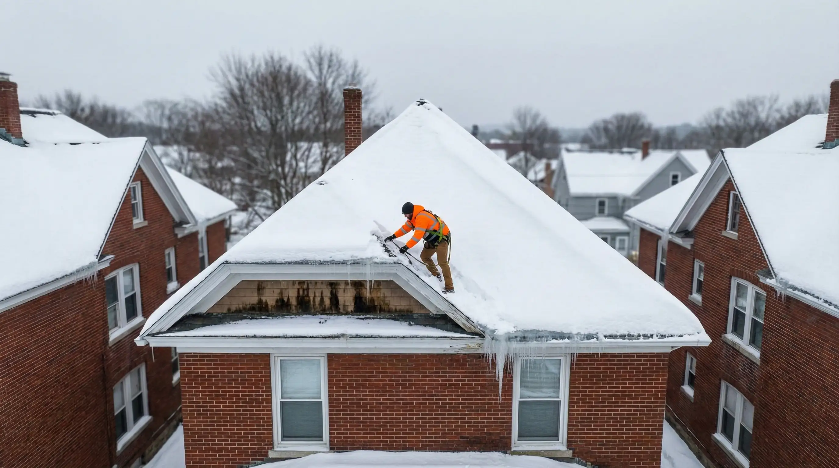 Roofing contractor in safety harness replacing shingles on a steep-pitch Manchester, NH residential roof with ice dam damage along the eave