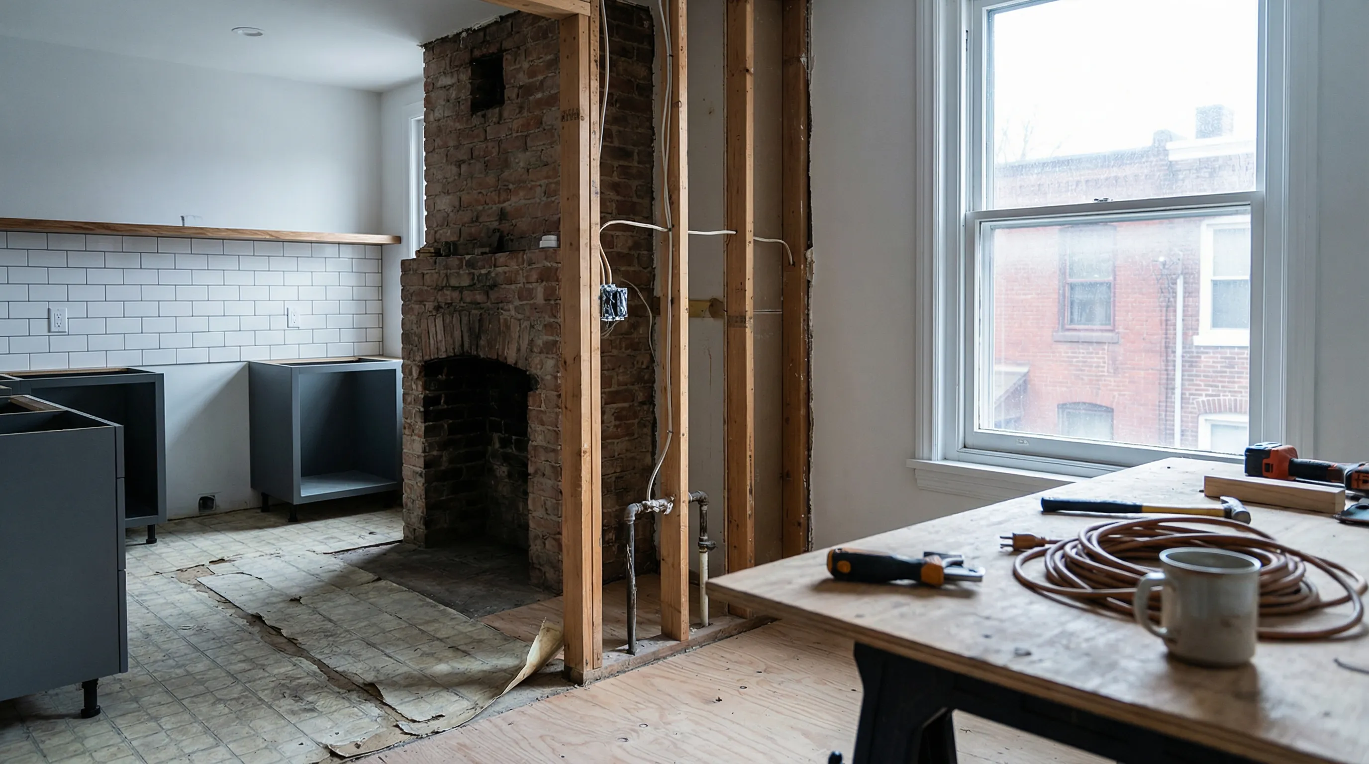 Contractor reviewing renovation plans inside a Manchester, NH mill conversion loft with exposed brick walls and open kitchen framing