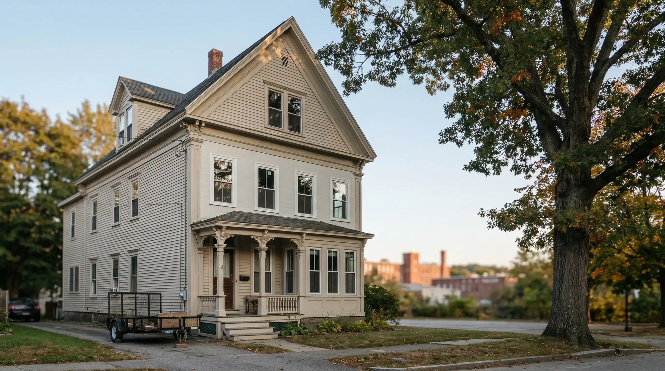 Contractor reviewing renovation plans inside a Manchester, NH mill conversion loft with exposed brick walls and open kitchen framing