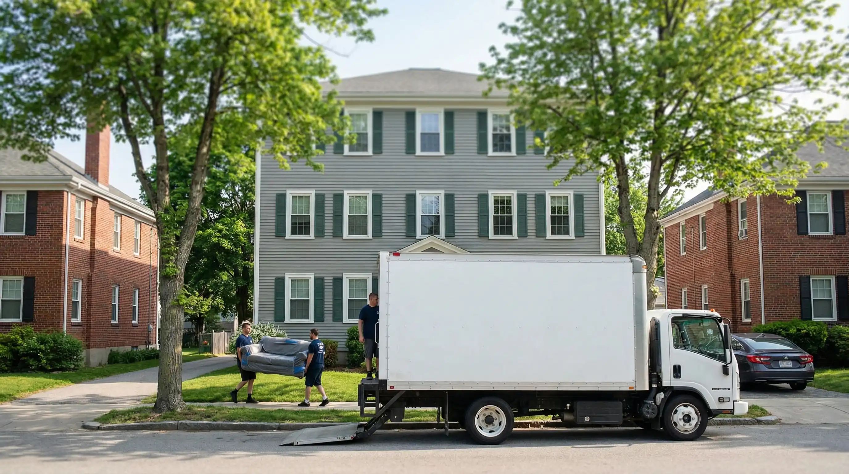 Professional movers carrying furniture into a three-story apartment building on a tree-lined Manchester, NH residential street