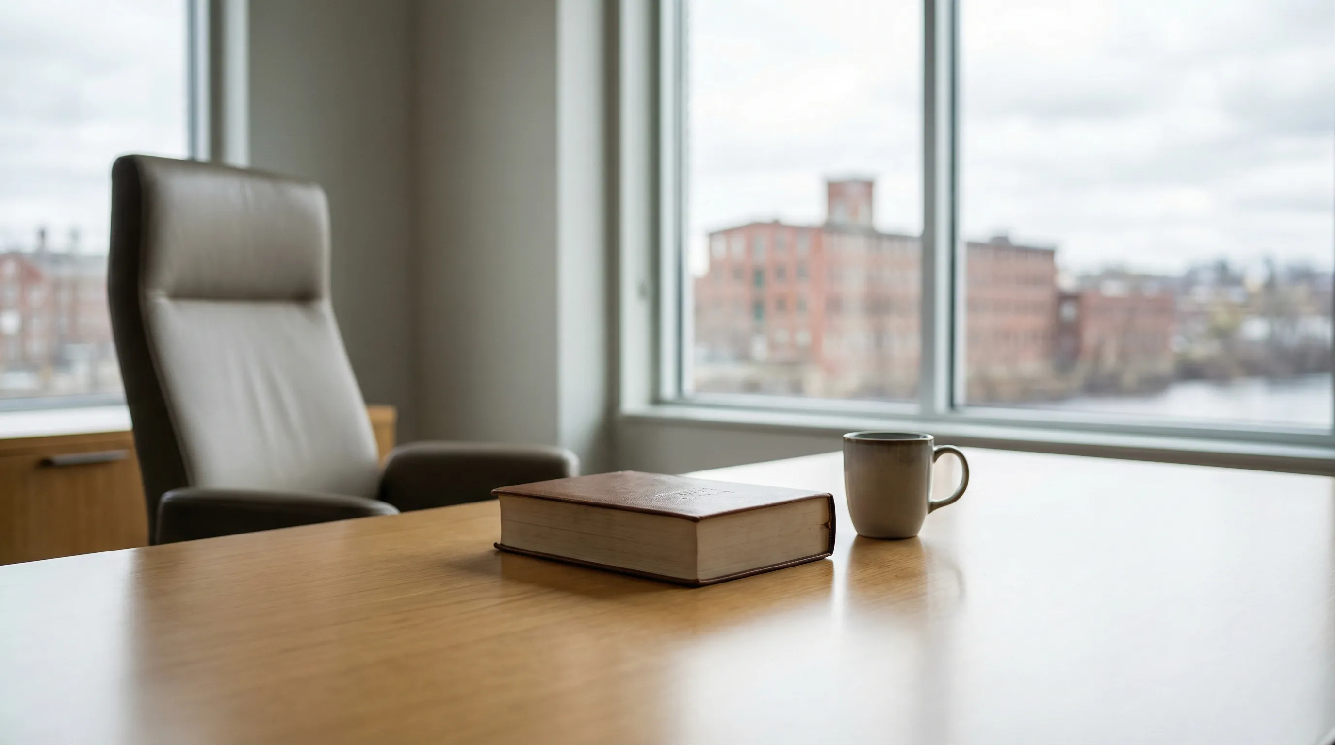 Professional personal injury law office consultation room in Manchester, NH with attorney reviewing case notes with a client