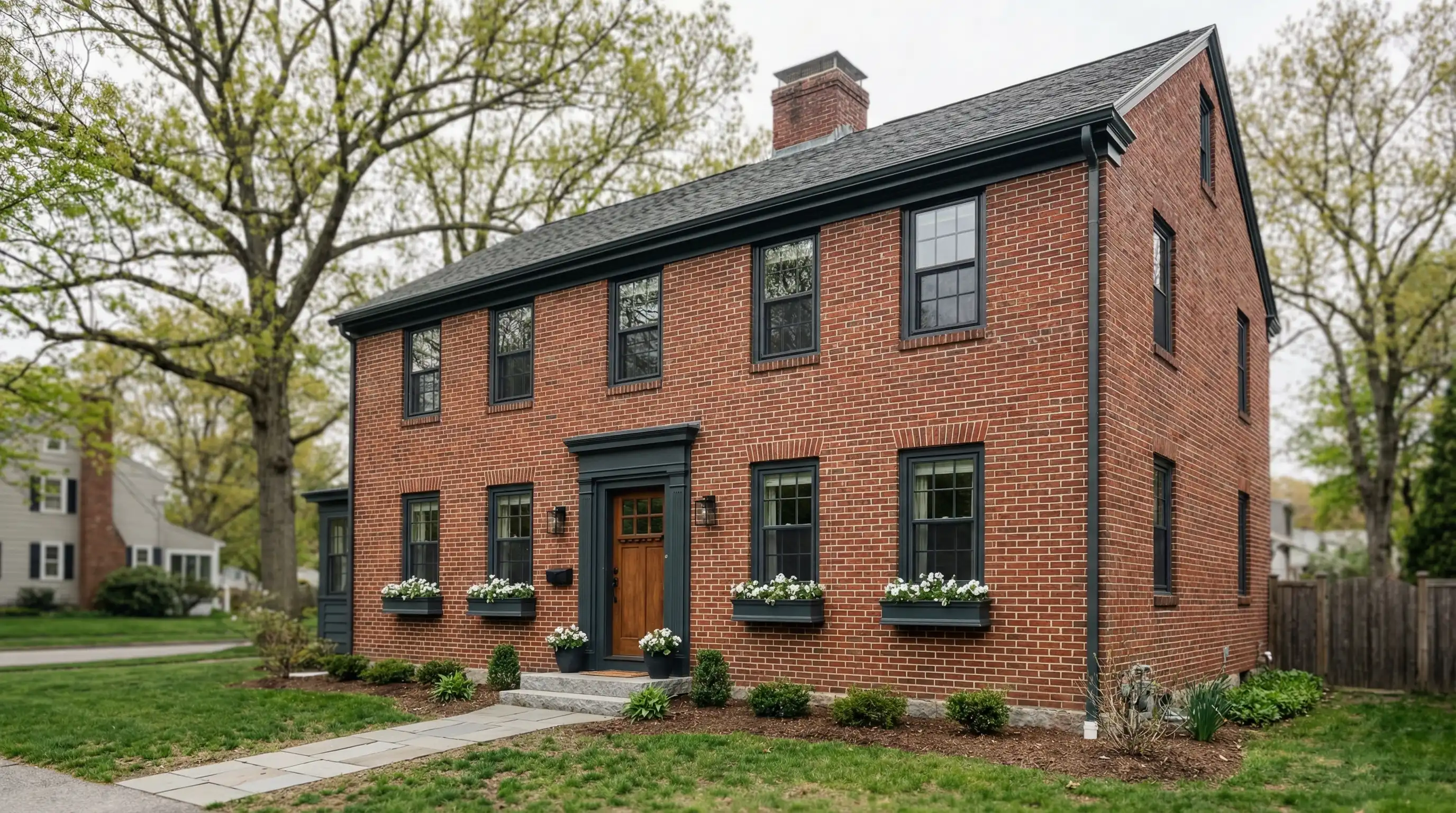 Real estate agent showing a renovated colonial home on a tree-lined residential street in Manchester, NH to a couple relocating from Boston