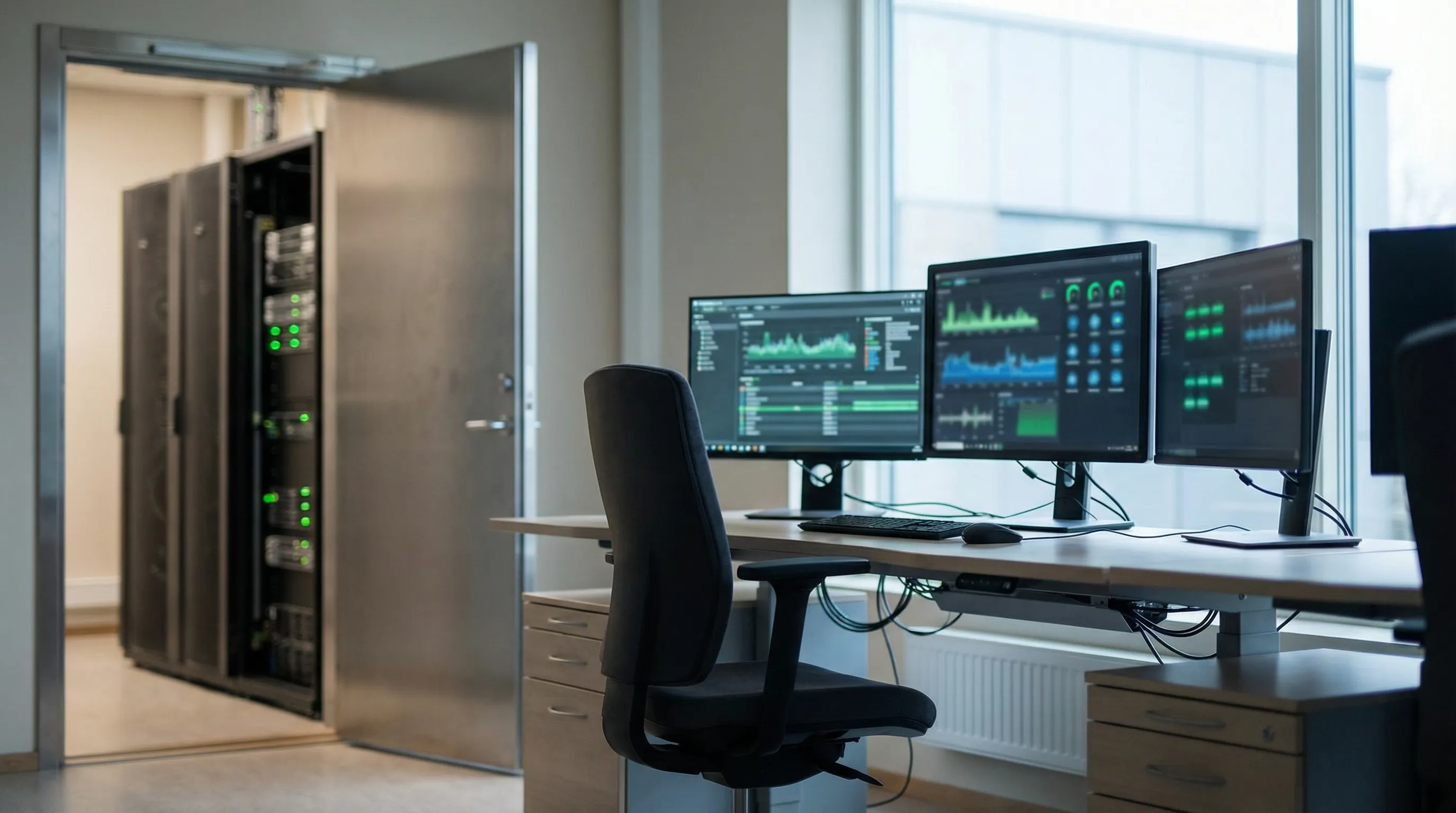 IT technician monitoring network security dashboards in a Manchester, NH business office with servers and dual screens visible