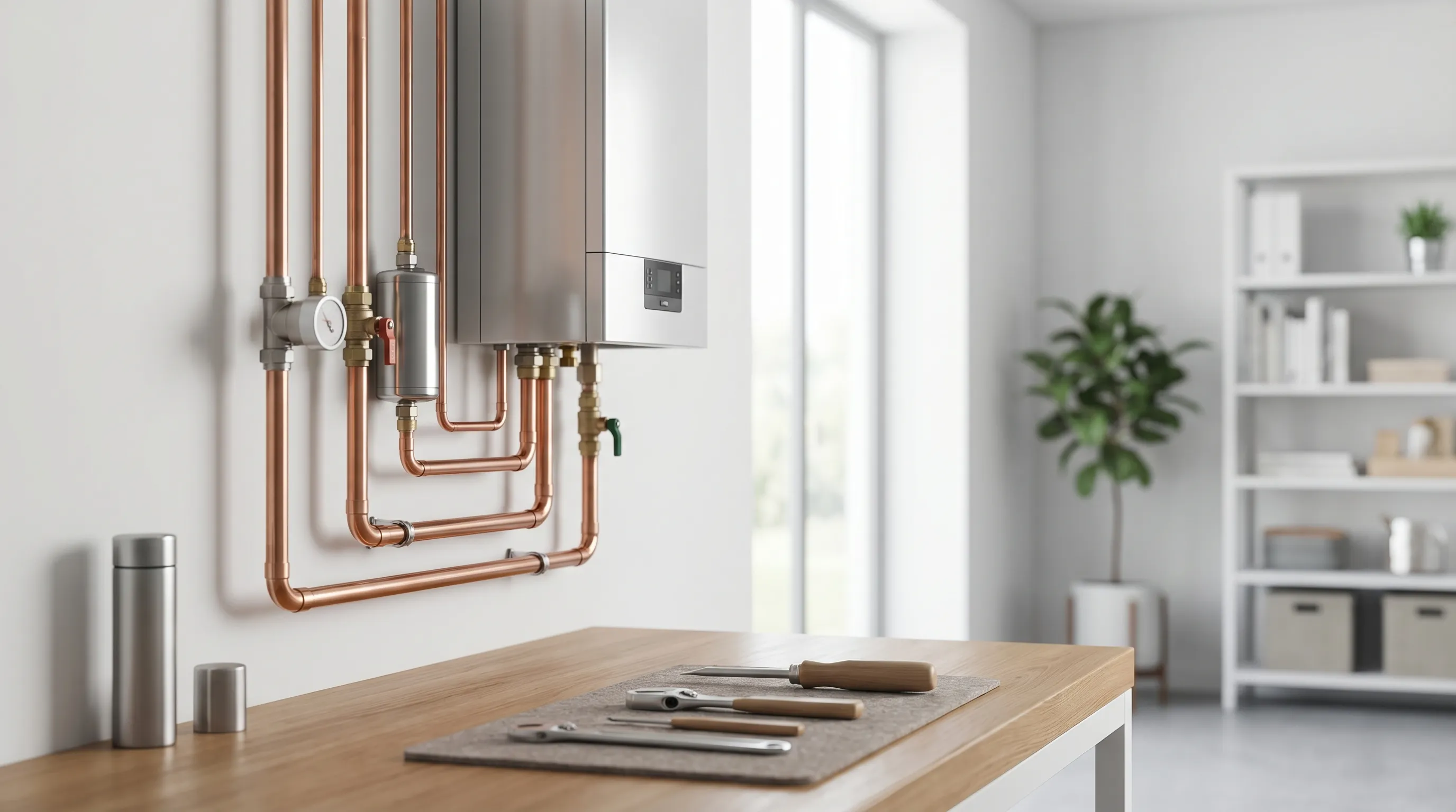 Professional HVAC technician servicing a furnace in a Waterbury CT home basement, new high-efficiency installation with clean copper piping