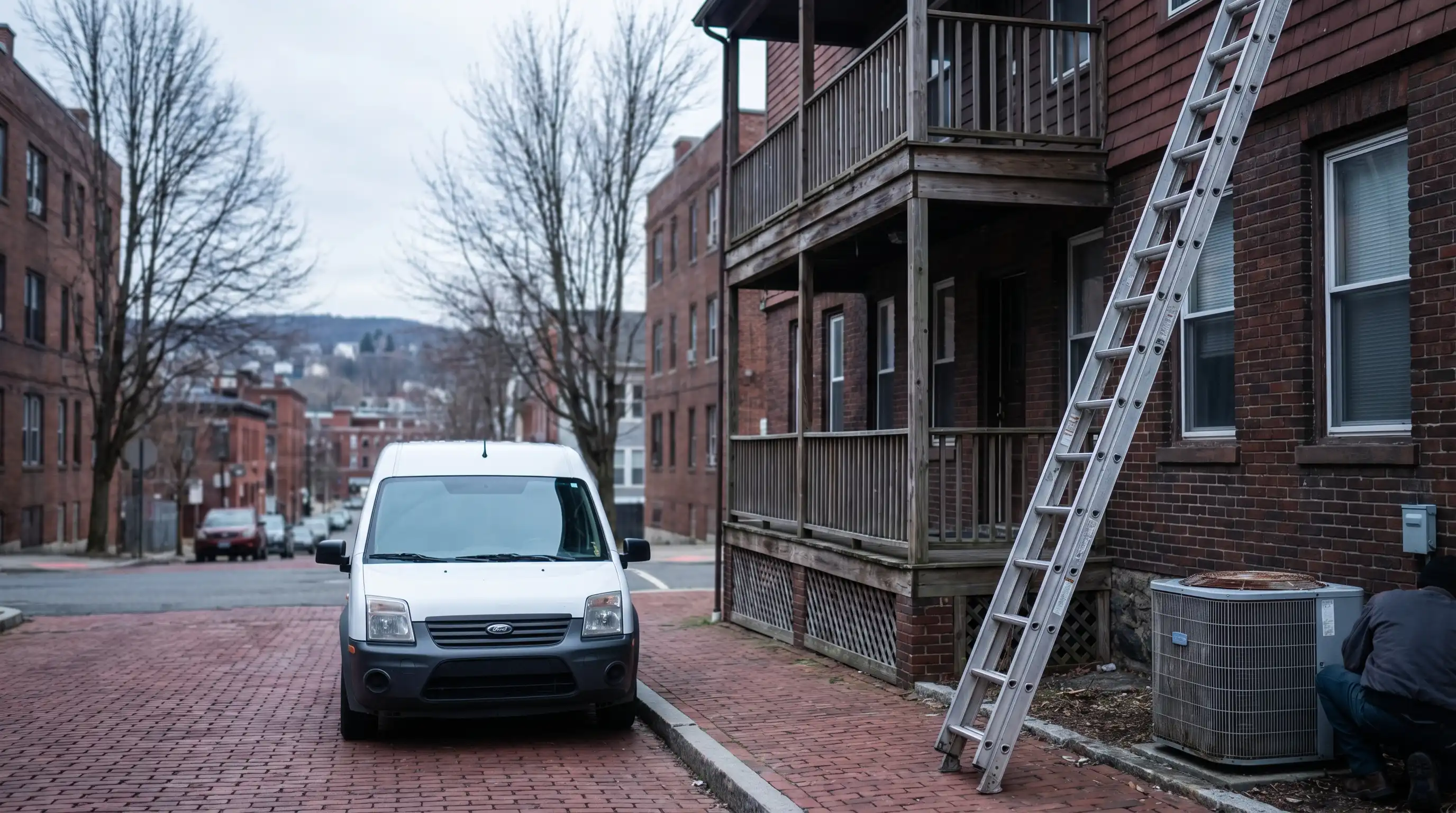 Professional HVAC technician servicing a furnace in a Waterbury CT home basement, new high-efficiency installation with clean copper piping