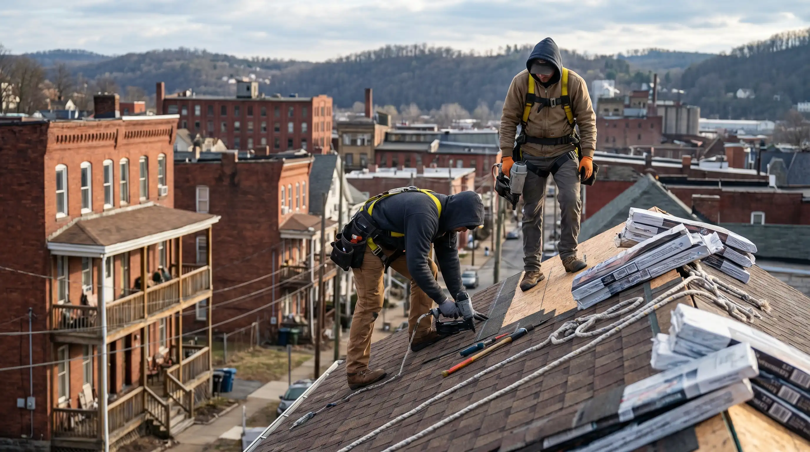 Roofing contractors installing new architectural shingles on a residential roof in Waterbury CT, safety harnesses visible, classic New England brick neighborhood in background